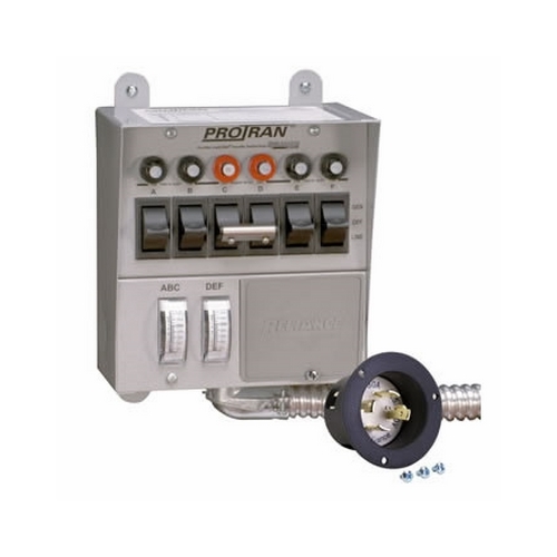 RELIANCE; Transfer Switch; Pro/Tran, LOAD-SIDE; Amperage Rating: 30 AMP; Wattage: 7500 WTT; Voltage Rating: 250 V; Size: 7.500 IN Height X 7 IN Width X 4.500 IN Depth; Phase: 1 PH; Maximum Single-pole Circuits: 6; Maximum Double-pole Circuits: 1; Maximum Combined Load @ 125 Vac: 60; Maximum Combined