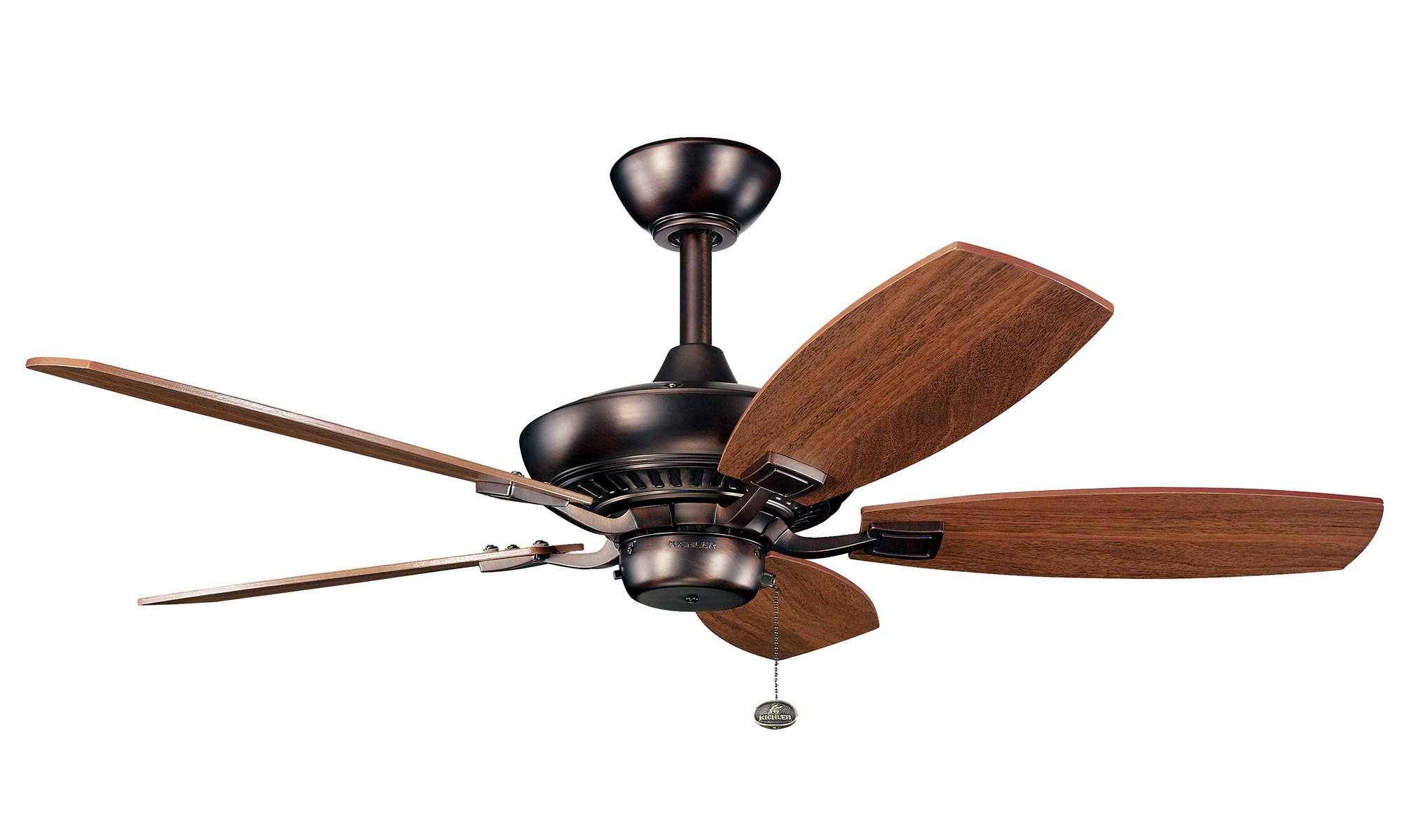 With an Oil Brushed Bronzeâ„¢ finish, this fan is a wonderful addition to the Kichler Canfieldâ„¢ Collection. The 5, 44in. blades are pitched 16 degrees and are reversible with Walnut and Cherry finishes. The 172mm x 20mm Motor will provide the quiet power you need.  This fan comes complete with a pull chain (3 speeds forward and reverse) and 1 6 inch downrod. It is low ceiling adaptable.