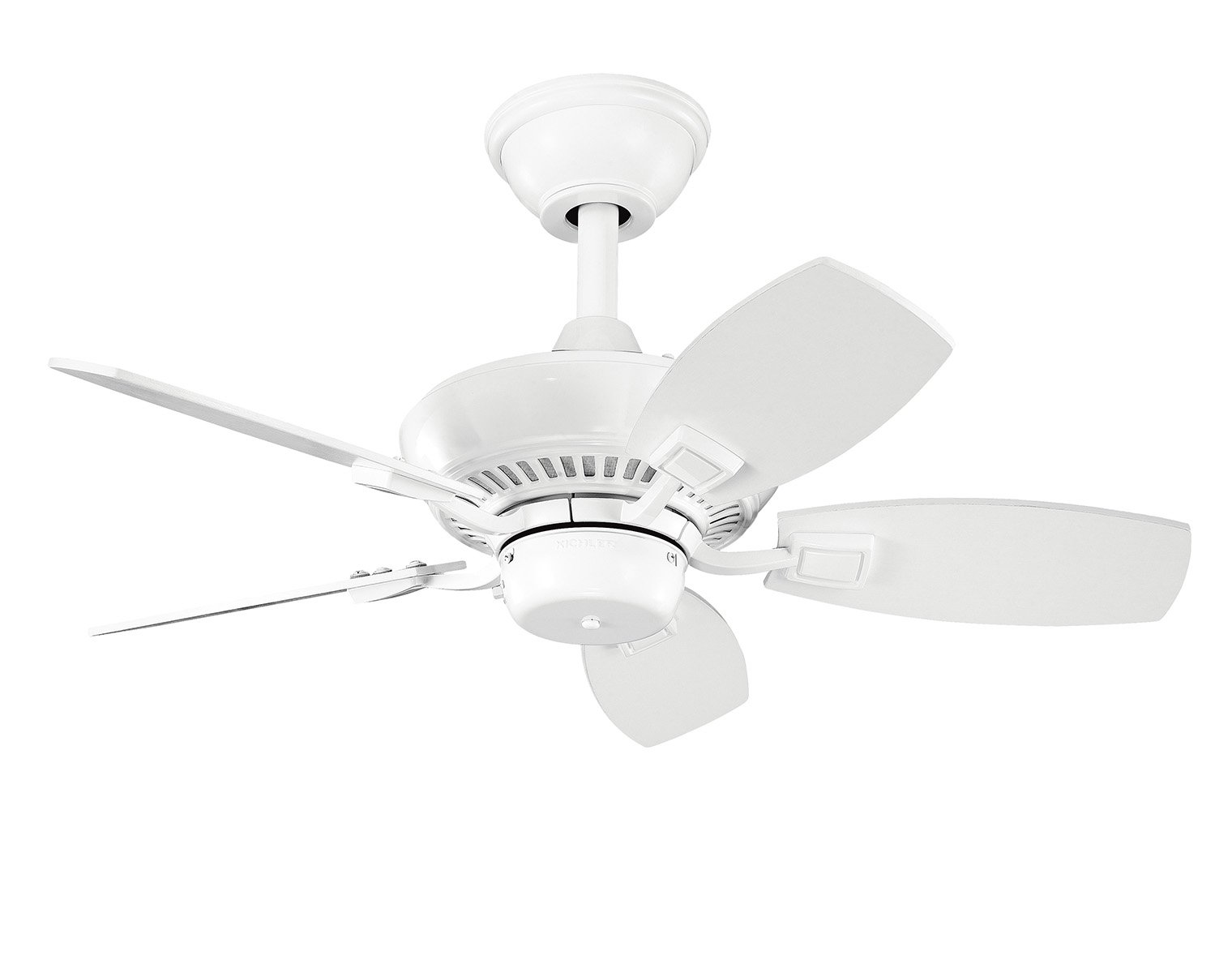 With a White Powder Coat finish, this fan is a wonderful addition to the Kichler Canfieldâ„¢ Collection. The 5, 30in. blades are pitched 24 degrees and feature a White finish. The 153mm x 17mm Motor will provide the quiet power you need.  This fan comes complete with a pull chain (3 speeds forward and reverse) and 1 6 inch downrod. It is low ceiling adaptable with the flush mount kit included. This fan is indoor/outdoor cUL listed for damp locations.