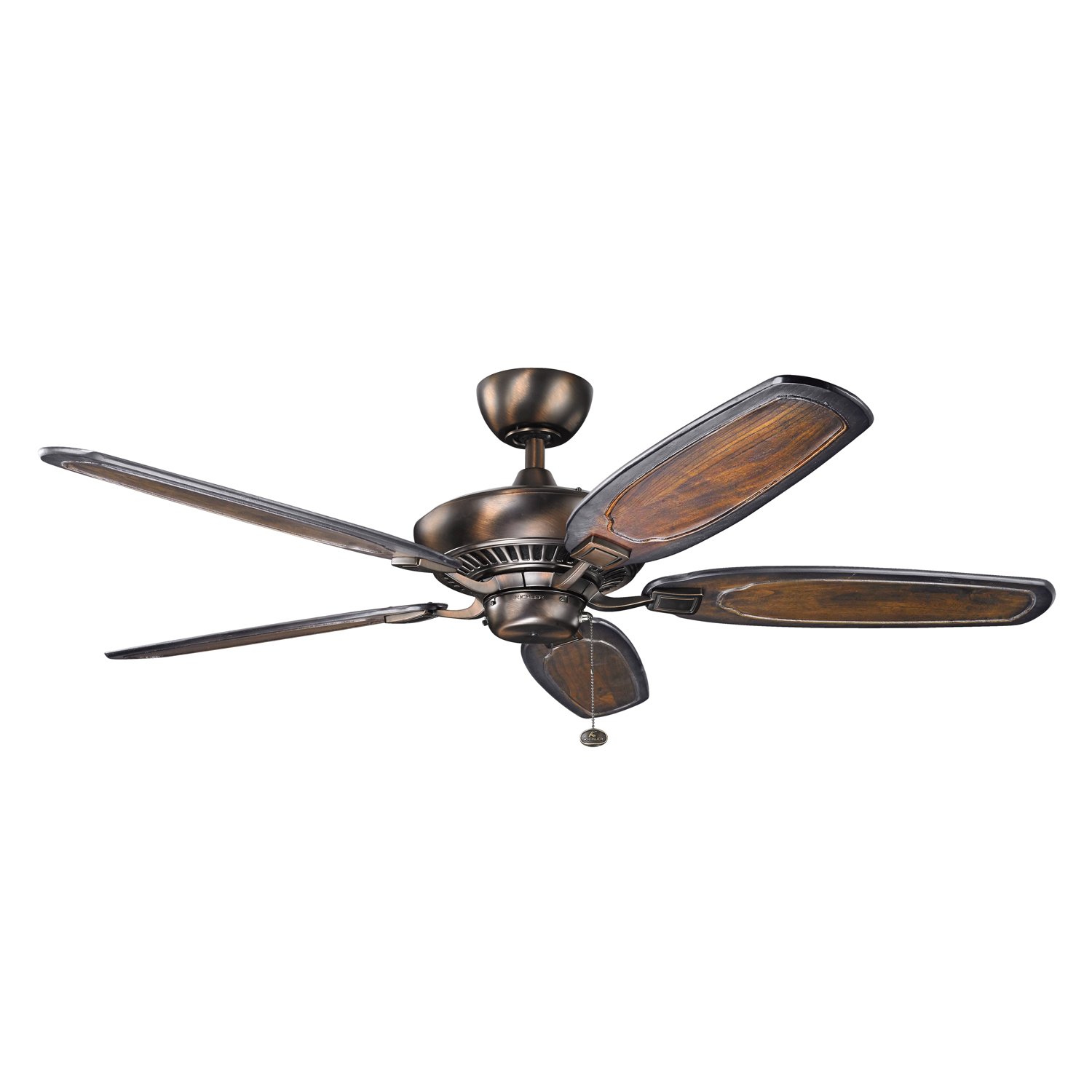 With an Oil Brushed Bronzeâ„¢ finish, this fan is a wonderful addition to the Kichler Canfieldâ„¢ Collection. The 5, 52in. blades are pitched 14 degrees and are reversible with Walnut and Cherry finishes. The 172mm x 20mm Motor will provide the quiet power you need.  This fan comes complete with a pull chain (3 speeds forward and reverse) and 1 4 inch downrod. It is low ceiling adaptable.