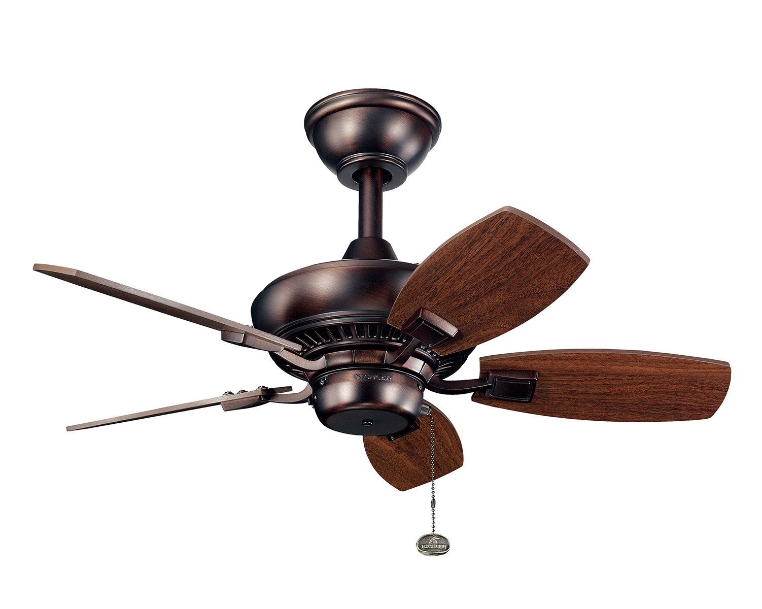 With an Oil Brushed Bronzeâ„¢ finish, this fan is a wonderful addition to the Kichler Canfieldâ„¢ Collection. The 5, 30in. blades are pitched 24 degrees and are reversible with Walnut and Cherry finishes. The 153mm x 17mm Motor will provide the quiet power you need.  This fan comes complete with a pull chain (3 speeds forward and reverse) and 1 6 inch downrod. It is low ceiling adaptable with the flush mount kit included. This fan is indoor/outdoor cUL listed for damp locations.