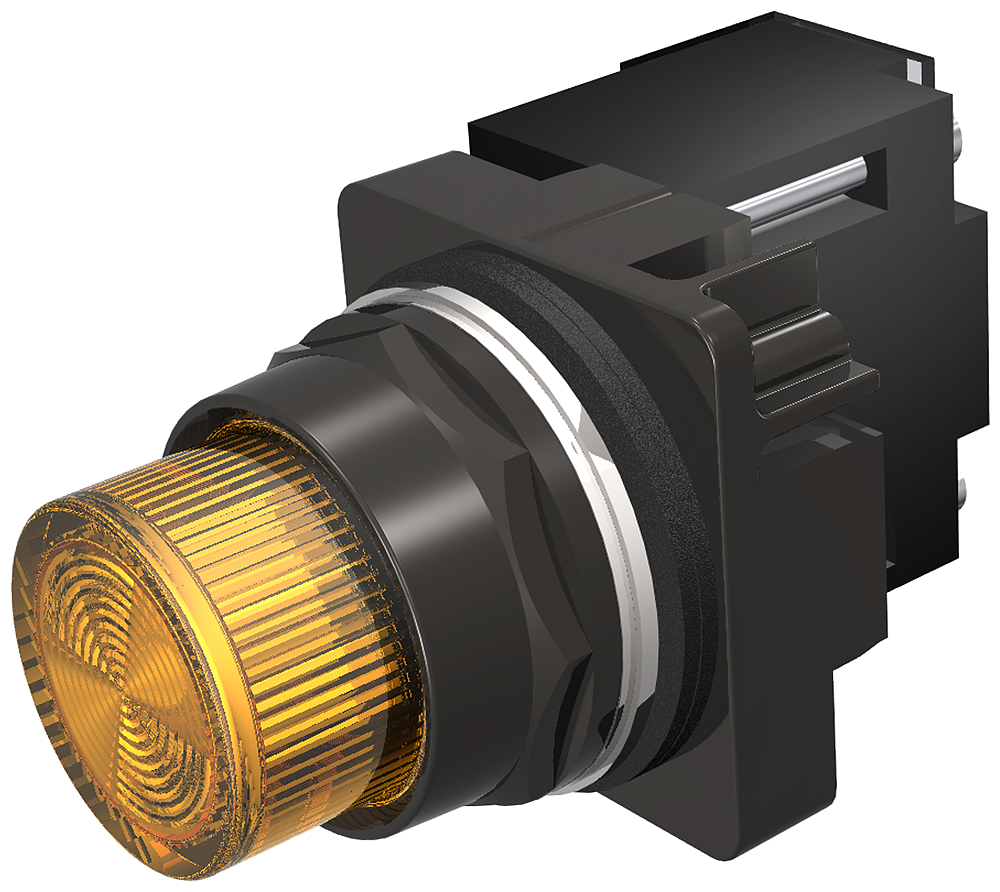 30mm BlackMax, Epoxy Coated Corrosion Resistant Complete Metal Unit IlluminatedIndicator Light Full Voltage type, 120V AC/DC LED Lamp, BA9s Plastic Lens, Amber UL Listed, CSA Certified NEMA 1,3,3R,4,4X,12,13 ( & ) Automotive Standards