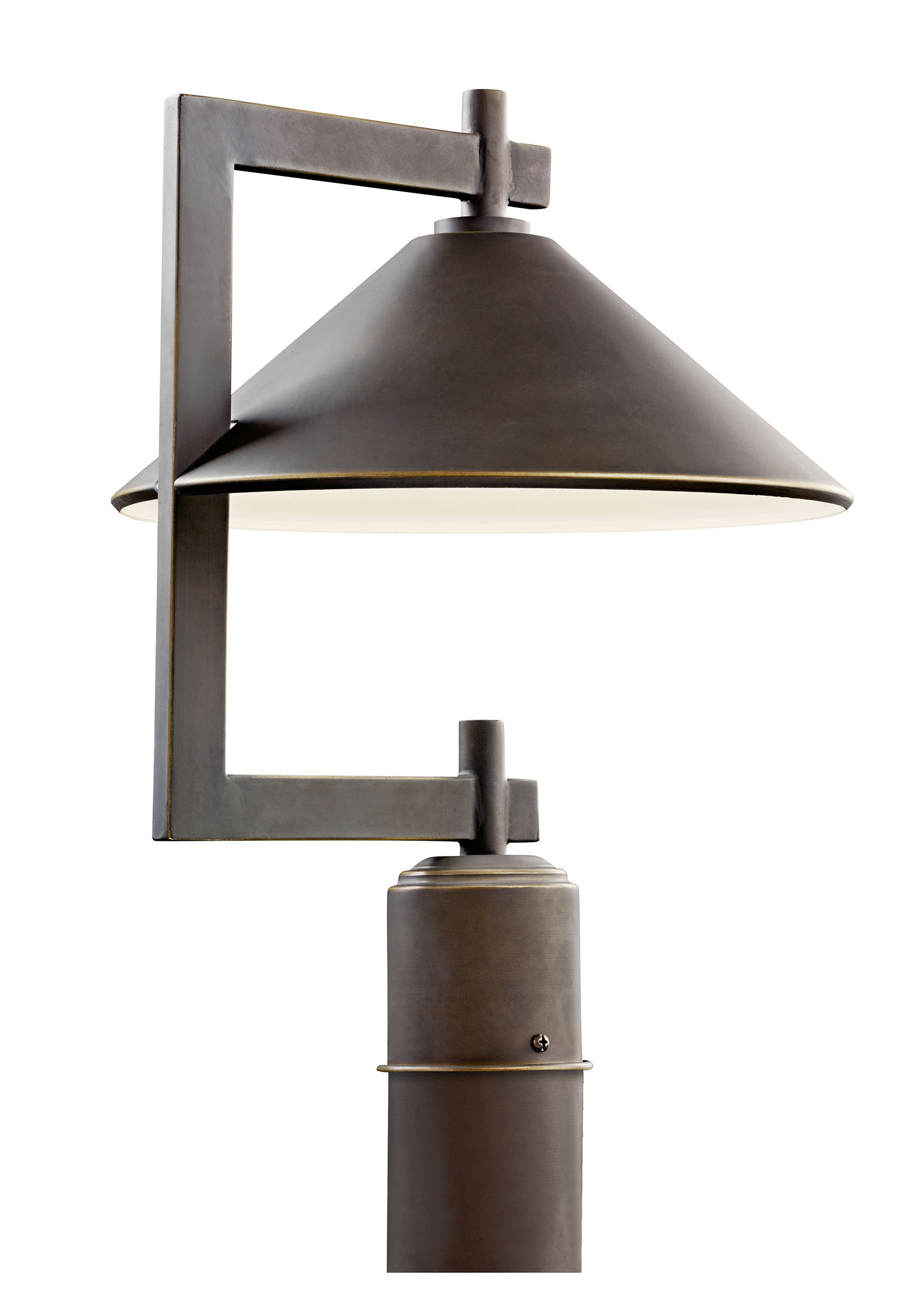Bringing clean lines to a rustic look, the Ripley collection of outdoor lighting features an Olde Bronze finish that warms the smooth cone shape of this 1 light outdoor post light. 12 inch diameter. Height 16 inches. Uses 1 - 40W max (type R) or 1 - 60W (G type) bulb. UL listed for wet locations.  Dark sky compliant with use of R14 40W bulb. Post not included.