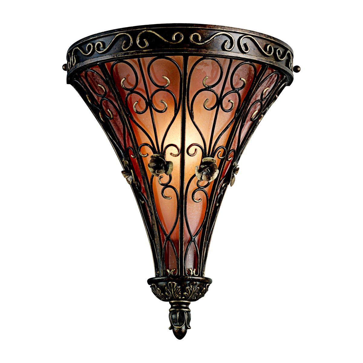 The Marchesa(TM) Collection features European inspired silhouettes cast in a soft Terrene Bronze finish. The ornamental basket design is intricately detailed with swirling textures and botanical accents. Make a dramatic statement with this 1 light wall sconce with Piastra glass. 12.5 inch width. Height 15 inches. Extension 6.75 inches. Rises 3.5 inches above the center of the wall opening. Uses 1 - 60W max  or 1 - 13-15W CFL bulb. Ul listed for damp locations.