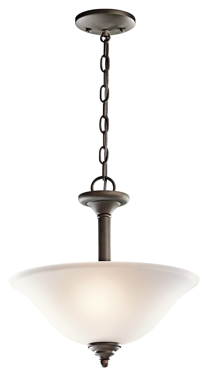 This 2 light semi flush inverted pendant from the Armida? collection is filled with contemporary touches, clean lines and simple structures. The transitional silhouette brings height and dimension to the Olde Bronze finish and Satin Etched Glass.