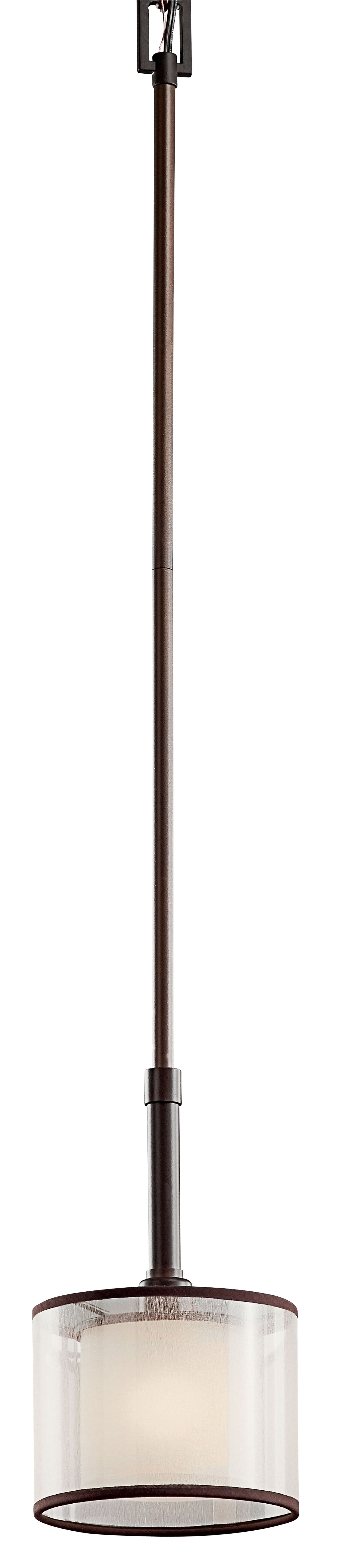 This mini pendant from the Lacey(TM) Collection offers a beautiful contrast, melding the charm of Olde World style with clean modern-day materials. It starts with our new Mission Bronze(TM) Finish and bold, unadorned rounded-arm styling. It finishes with avant-garde double shades made of decorative mesh screens and satin etched white inner glass. For additional 12 inch stems, order 2999MIZ. For chain, order 2996MIZ. Sloped ceiling kit included.