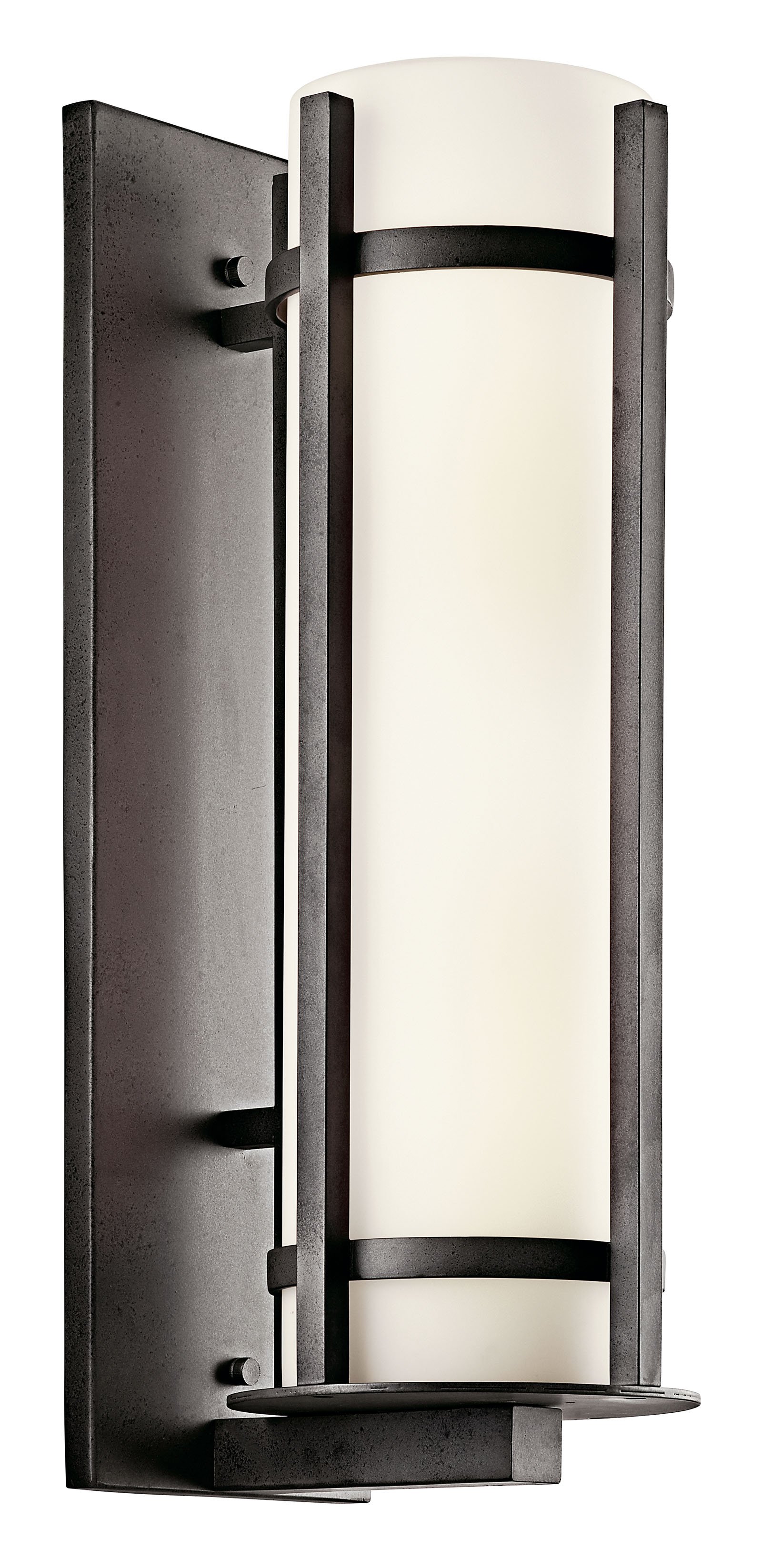 The lodge-style Camden(TM) collection draws inspiration from the Arts and Crafts movement with its clean lines and right angles. This 2 light fluorescent wall fixture features a sturdy cast aluminum construction, a deep Anvil Iron finish and Opal Etched cylindrical glass shades to bring a crisp, structural simplicity to any outdoor living - whether it be a covered porch, deck, patio or walkway.