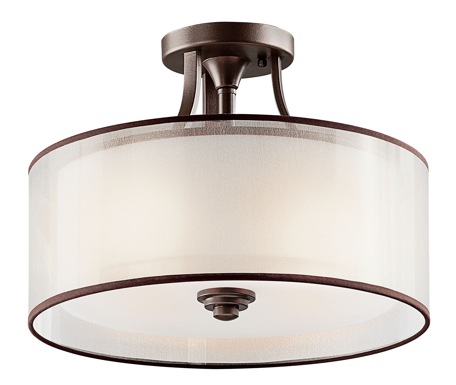 This 3 light semi-flush from the Lacey(TM) Collection offers a beautiful contrast, melding the charm of Olde World style with clean modern-day materials. It starts with our new Mission Bronze(TM) Finish and bold, unadorned rounded-arm styling. It finishes with avant-garde double shades made of decorative mesh screens and satin etched white inner glass.