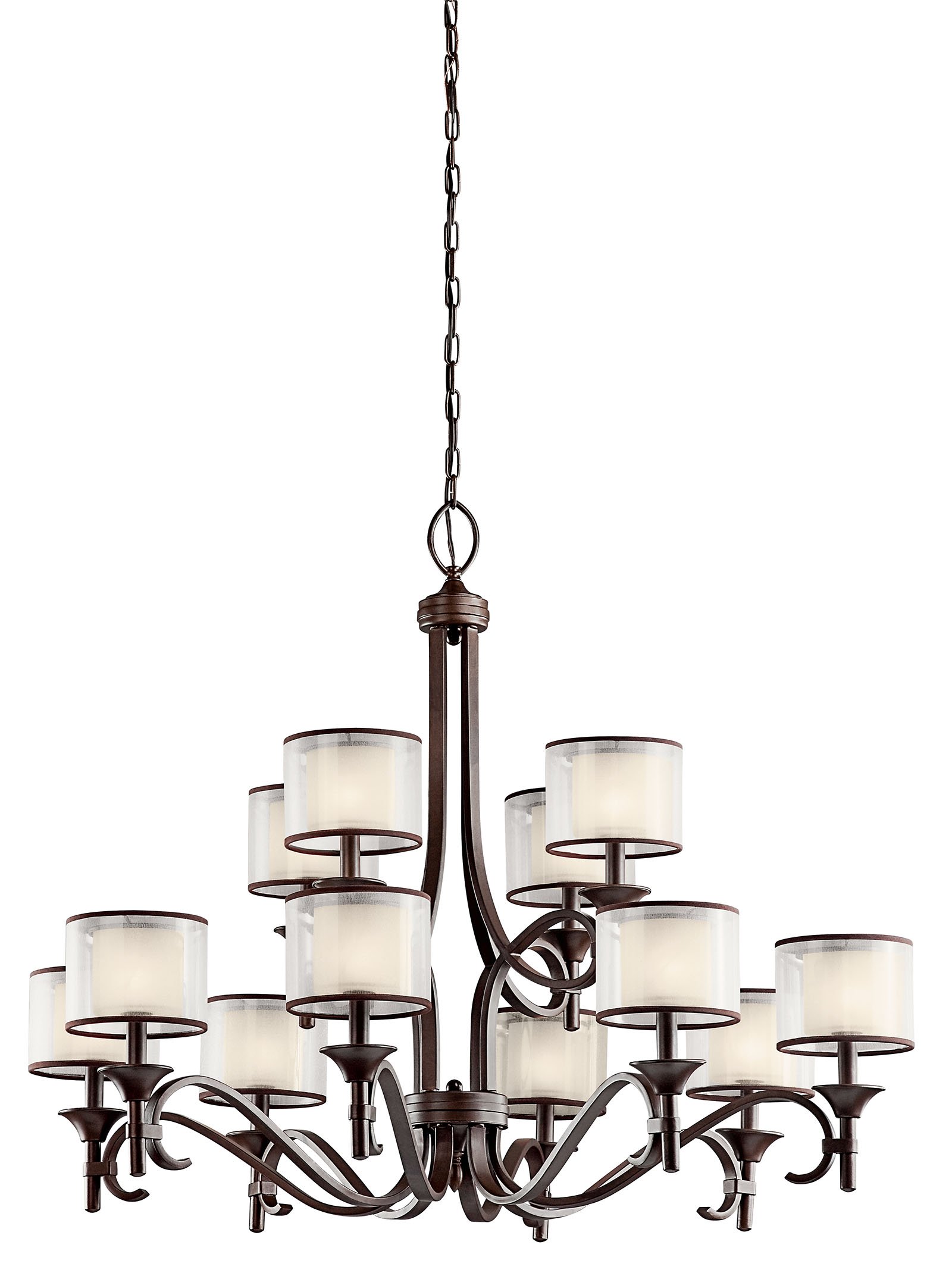 This 12 light, 2 tier chandelier from the Lacey(TM) Collection offers a beautiful contrast, melding the charm of Olde World style with clean modern-day materials. It starts with our new Mission Bronze(TM) Finish and bold, unadorned rounded-arm styling. It finishes with avant-garde double shades made of decorative mesh screens and satin etched white inner glass. For additional chain, order 4901MIZ
