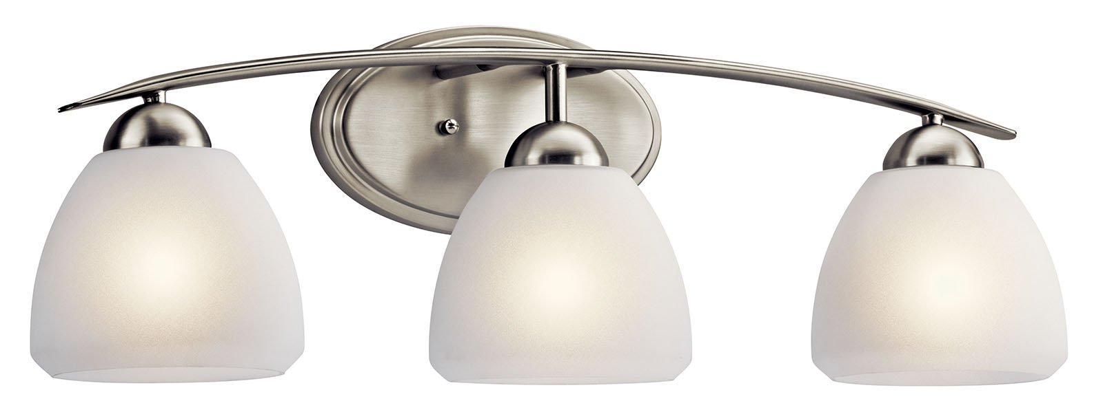 This 3 light bath light from the Kichler Calleigh(TM) Collection features satin etched goblets of cased opal glass balancing on an arched and tapered arm in Brushed Nickel providing a clean, crisp contemporary flair. May be installed with the glass up or down.