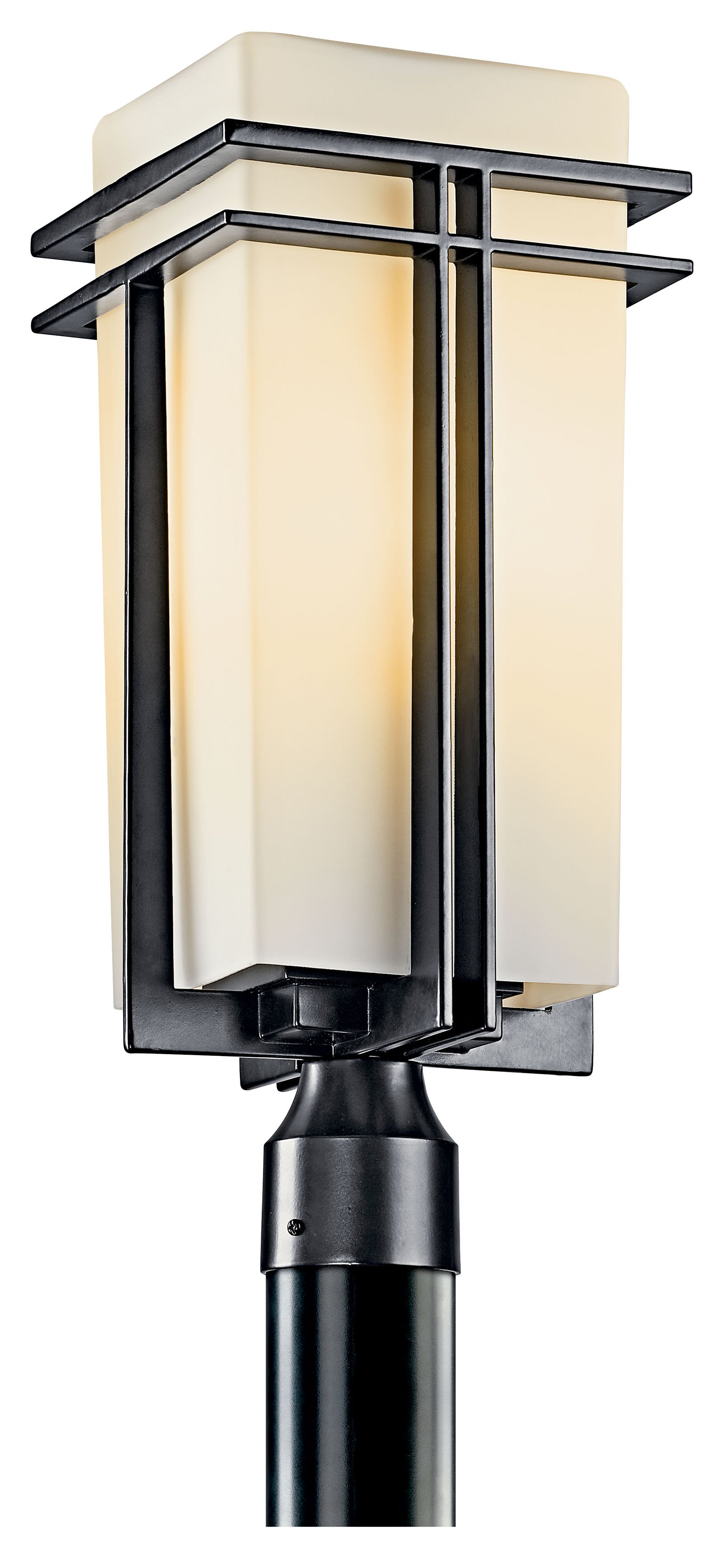 This 1 light mounted post from the Tremillo(TM) collection offers a smooth, clean profile. Double lines of Black finish form sleek perpendiculars that contrast well with the pleasant ambience of Satin Etched Cased Opal Glass. This design will mark any walkway or porch with sleek sophistication and well-balanced grandeur.