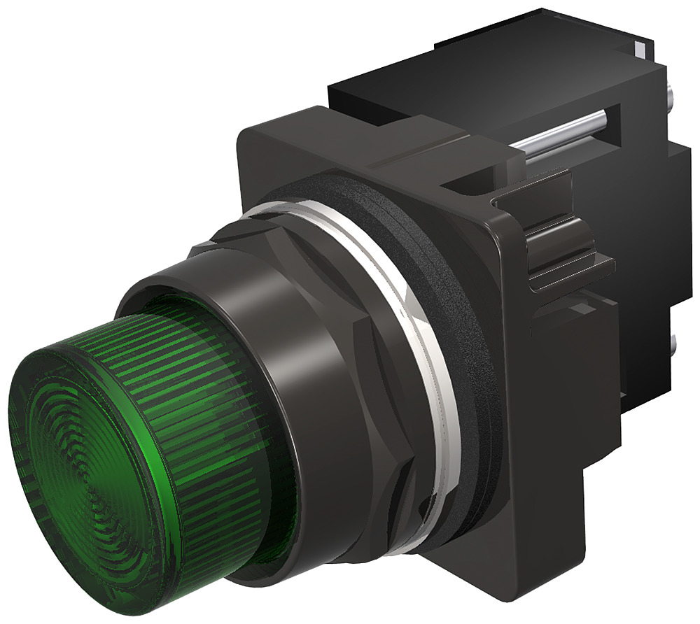 30mm BlackMax, Epoxy Coated Corrosion Resistant Complete Metal Unit IlluminatedIndicator Light Full Voltage type, 120V AC/DC LED Lamp, BA9s Plastic Lens, Green UL Listed, CSA Certified NEMA 1,3,3R,4,4X,12,13 ( & ) Automotive Standards