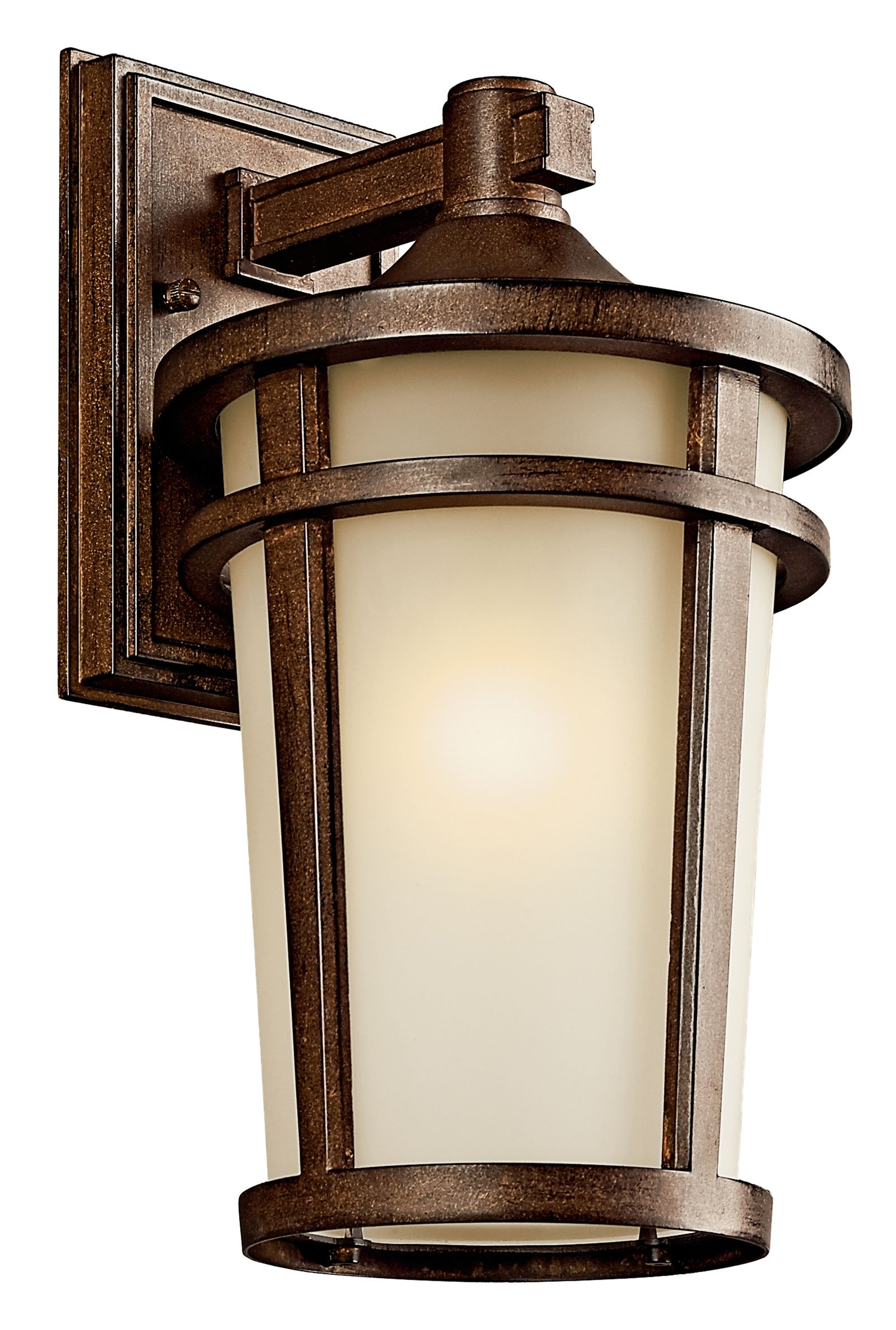 The simple transitional style of this 1 light wall lantern from the Atwood(TM) family is perfect for today's traditional architecture. The subtle tone of the Brownstone finish and Light umber seedy glass coordinate beautifully. Everything about this tapered round lantern from its cast aluminum rings to its stepped canopy make it an ideal complement to your home.
