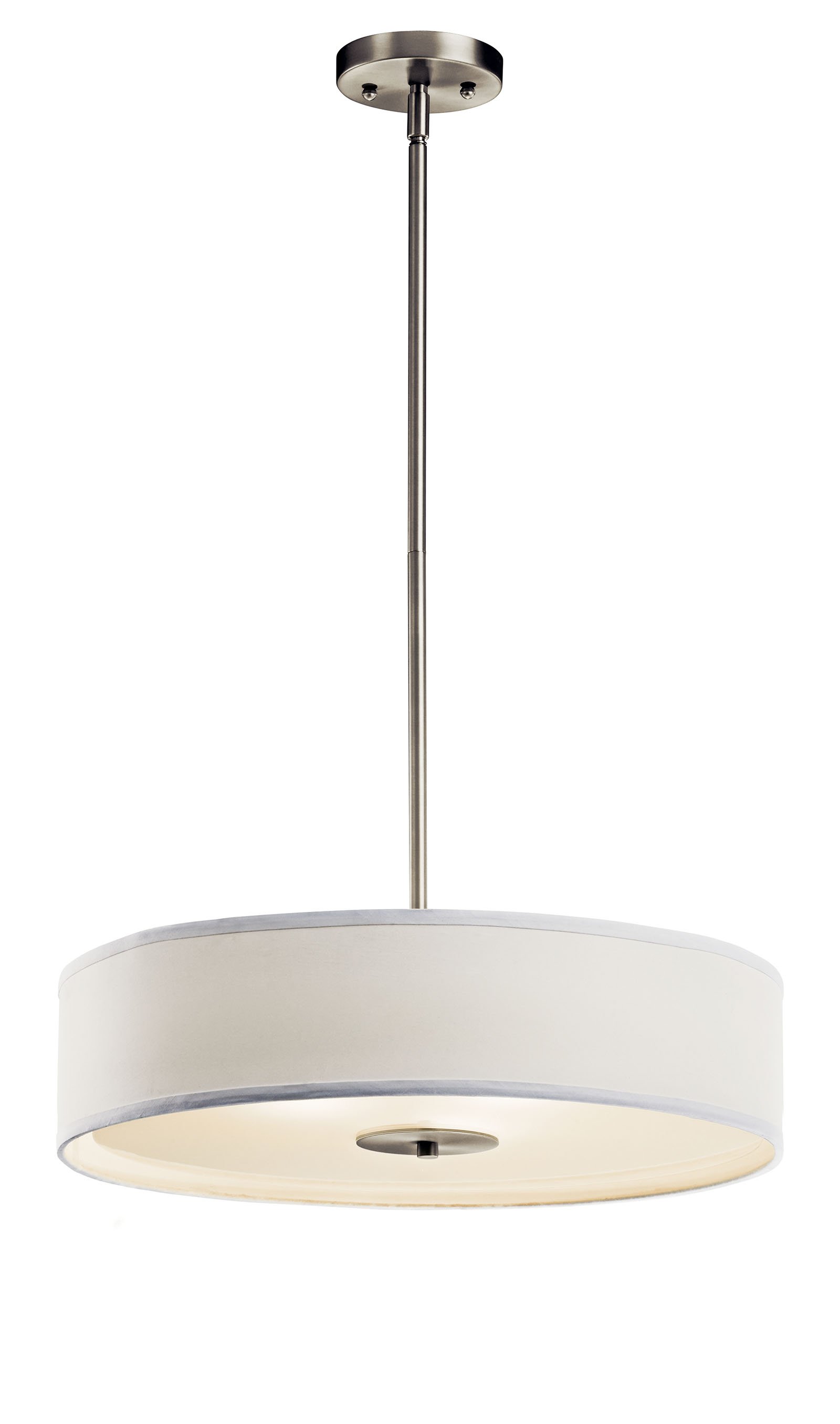 The clean lines and simple styling make this versatile 3 light semi flush ceiling fixture or pendant distinctive. Featuring a classic, Brushed Nickel finish, a White Microfiber shade and a Satin Etched Glass diffuser, this design can complement any space.