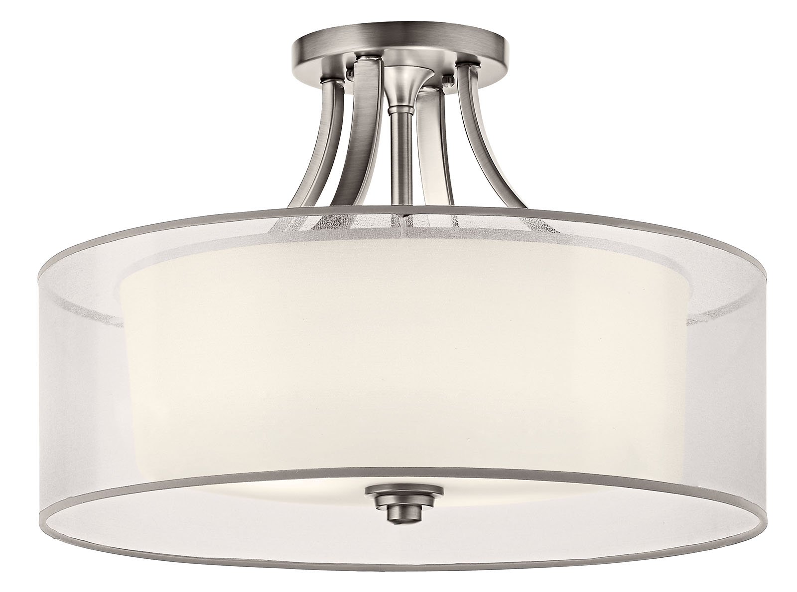 Clean lines and classic styling set this 4 light semi flush ceiling fixture apart. Its Antique Pewter finish, White Organza shade and Satin Etched Glass combine to create a tasteful accent fitting for any space in your home.