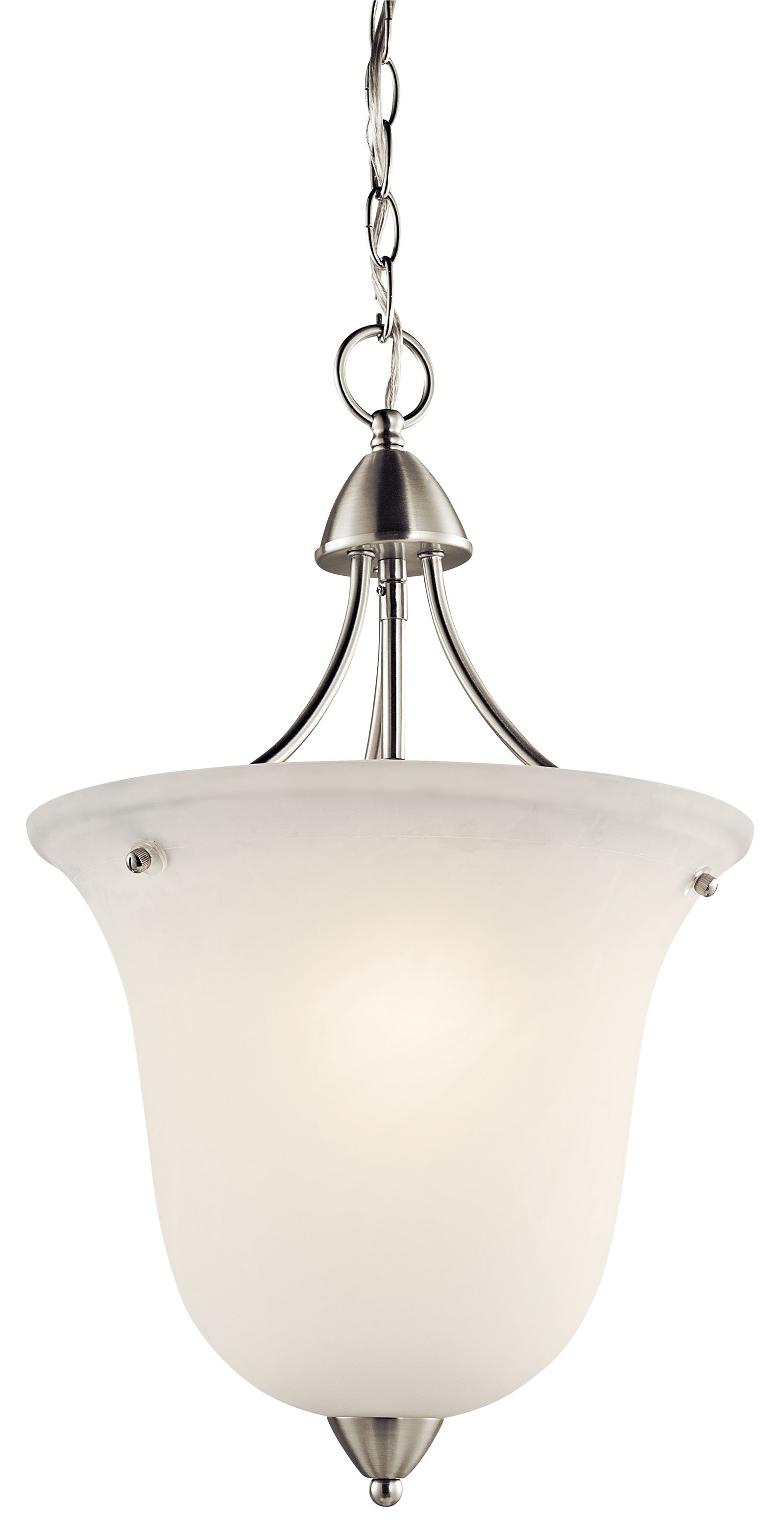 This tasteful 1 light foyer pendant from the Nicholson(TM) collection will make a refined statement in your home. Featuring an elegant, Brushed Nickel finish and Satin Etched Glass detailing, this design will complement a range of spaces.