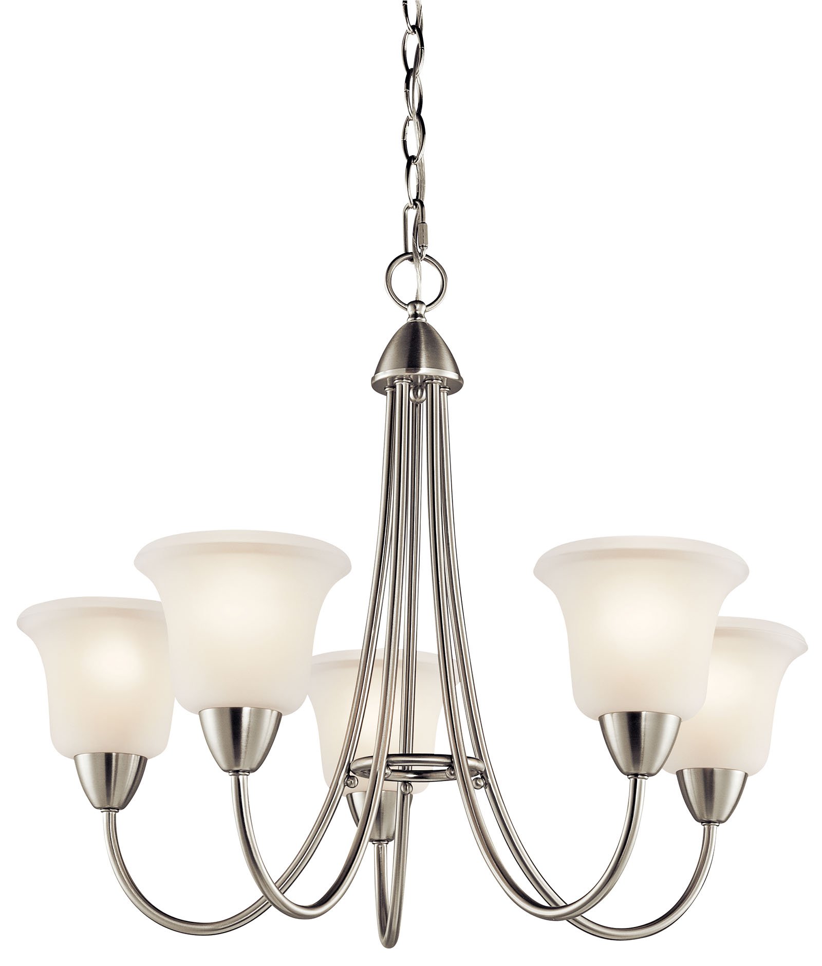 This tasteful 5 light chandelier from the Nicholson(TM) collection will make a refined statement in your home. Featuring an elegant, Brushed Nickel finish and Satin Etched Glass detailing, this design will complement a range of spaces.