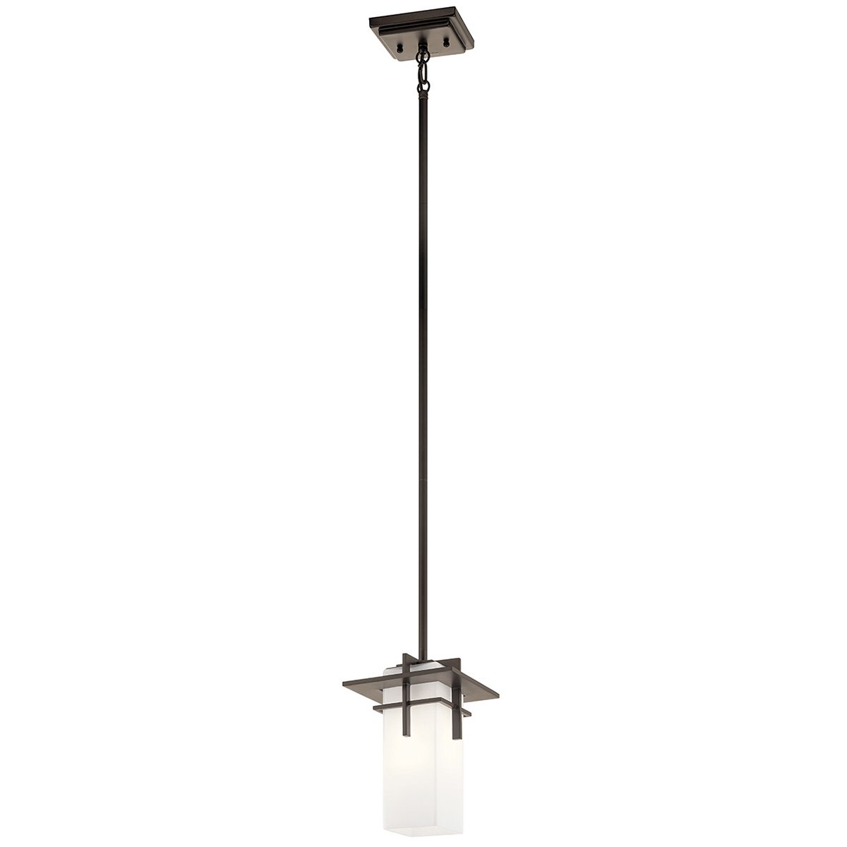 This 1 light hanging mini pendant from the Caterham(TM) collection is both versatile and charming. The Satin Etched Glass shade rests beautifully against the rich Olde Bronze finish.