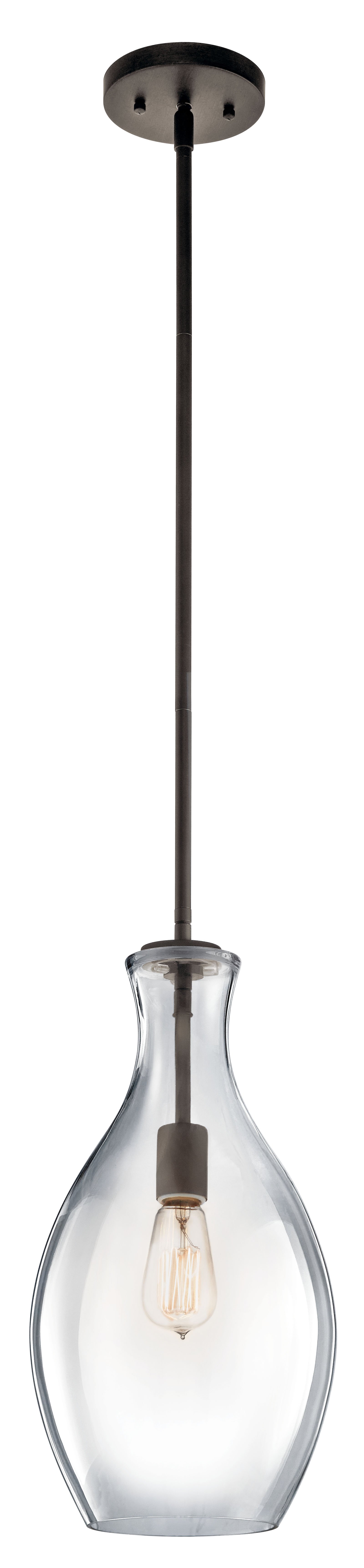 The design of this 1 light mini pendant from the Everly(TM) collection is inspired by a decorative blown glass container. This generous, bowed clear glass fixture features an Olde Bronze finish and a distinctive Vintage Squirrel Cage Filament bulb that leaves an impact. For ease of use, the glass shell is removable for cleaning and replacement.