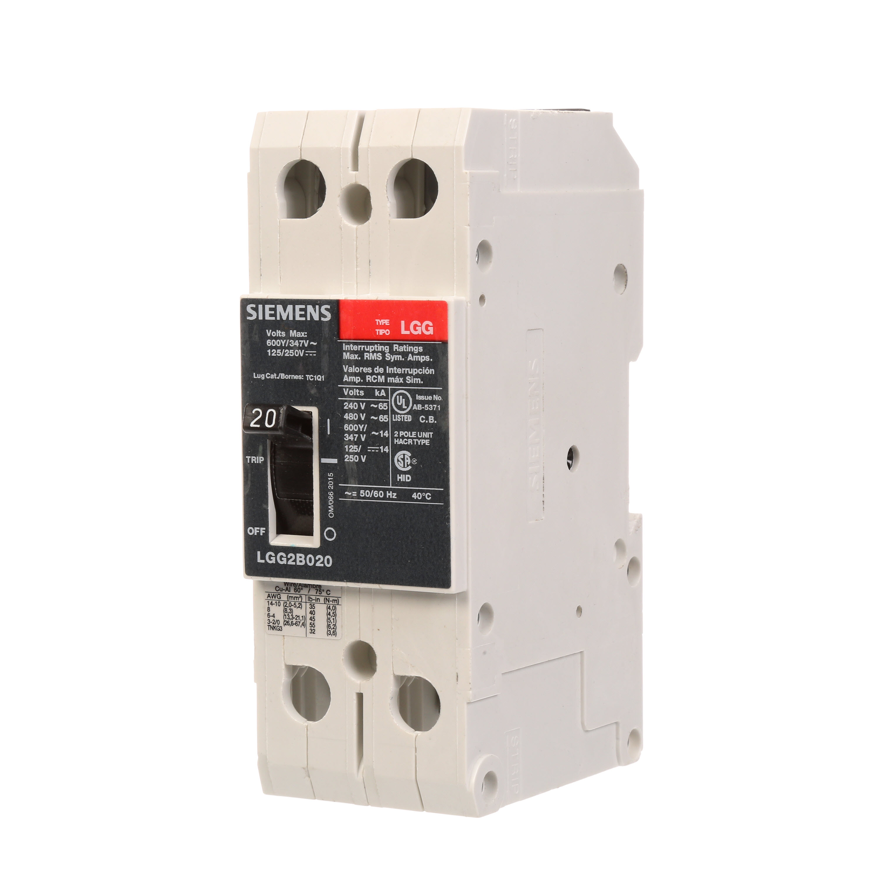 SIEMENS LOW VOLTAGE G FRAME CIRCUIT BREAKER WITH THERMAL - MAGNETIC TRIP. UL LISTED LGG FRAME WITH VERY HIGH BREAKING CAPACITY. 30A 2-POLE (14KAIC AT 600Y/347V) (65KAIC AT 480V). SPECIAL FEATURES MOUNTS ON DIN RAIL / SCREW, LINE AND LOAD SIDE LUGS (TC1Q1) WIRE RANGE 14 - 10 AWS (CU/AL). DIMENSIONS (W x H x D) IN 2 x 5.4 x 2.8.
