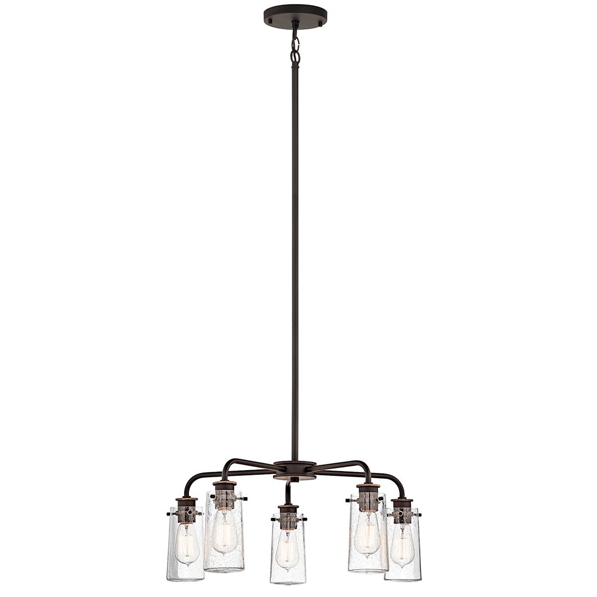 The Braelyn(TM) 11.25in. 5 light chandelier features an Olde Bronze(R) finish and clear seeded glass shades. The Braelyn(TM) offers a vintage industrial design that works well with rustic, country and lodge décor.