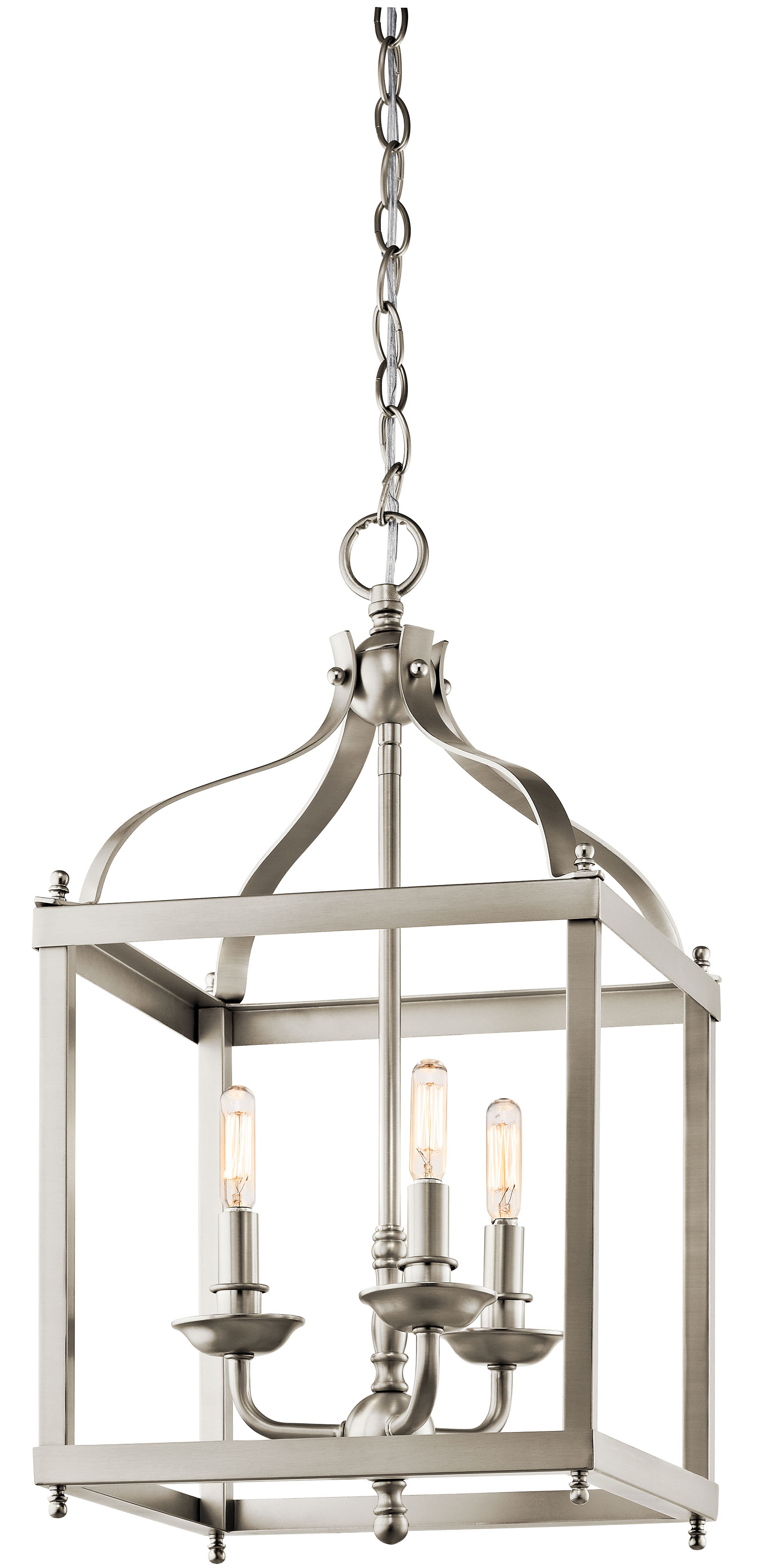 This 3 light foyer pendant cage from the Larkin? collection creates a strong, linear silhouette. The Brushed Nickel? finish and steel form of this design will effortlessly accent your home.