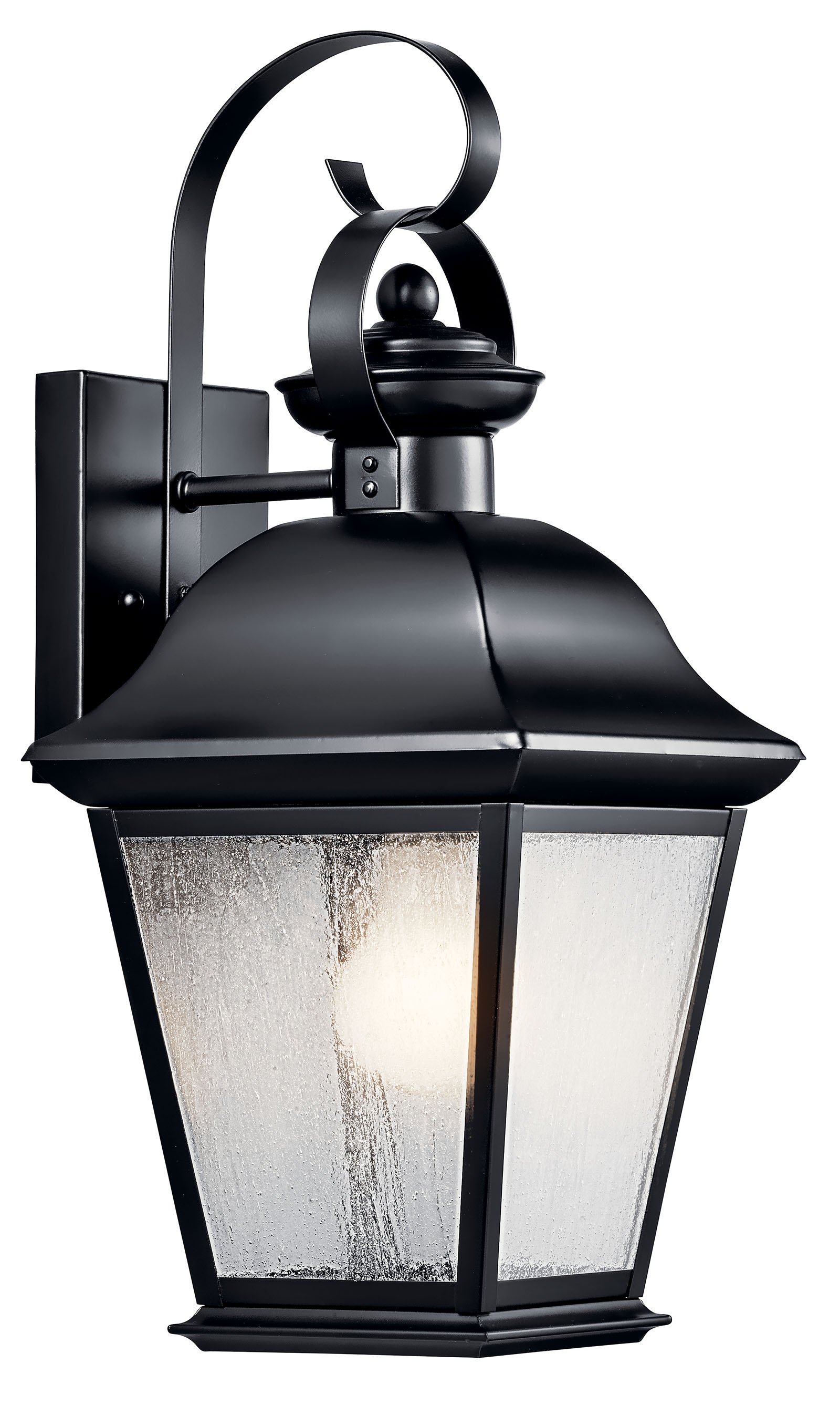 This classic 1 light outdoor wall fixture from the Mount Vernon collection will add a timeless detail to any space. The versatile Black finish and Clear Seedy Glass detailing combine to create a bold and refined statement.
