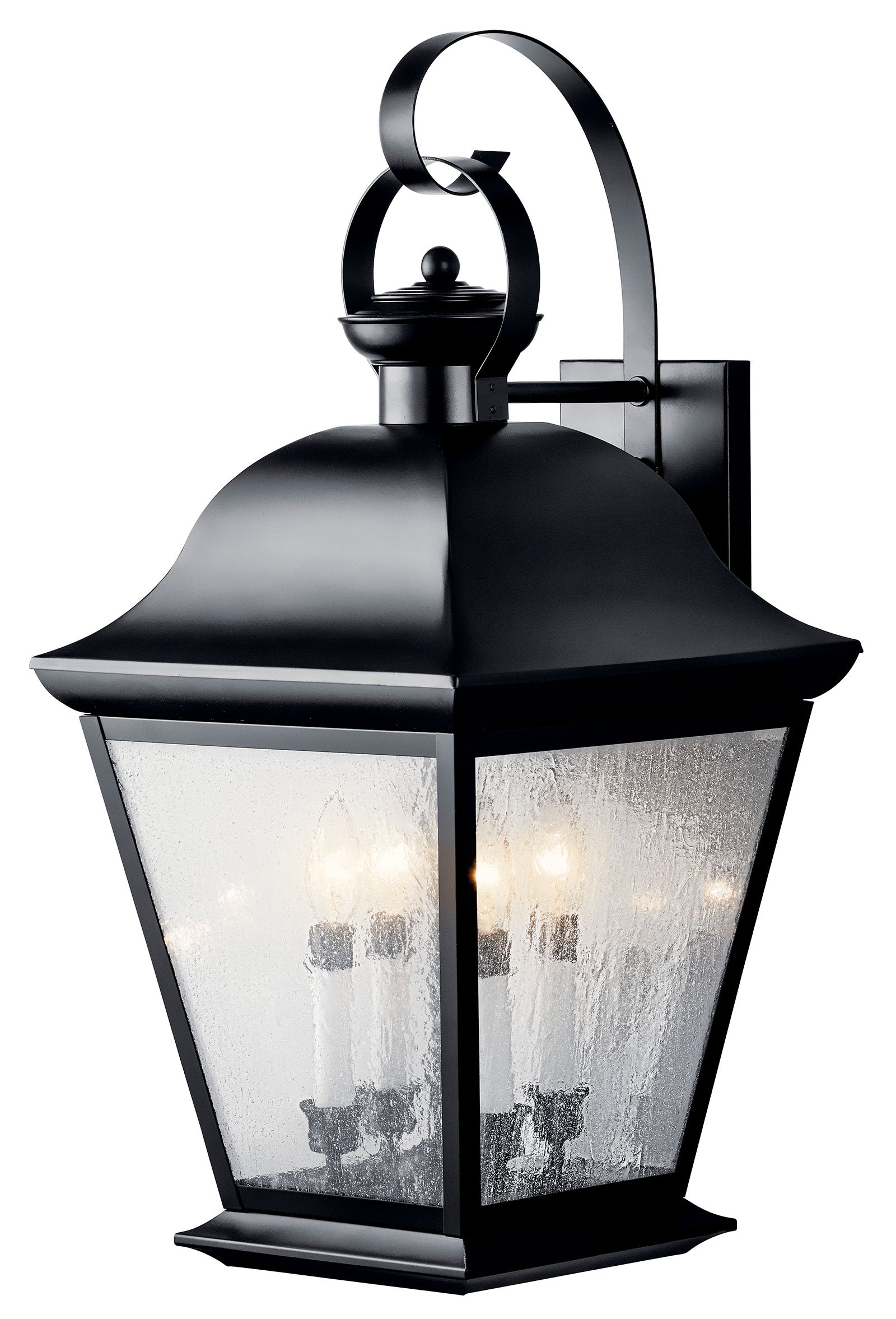 This classic 4 light outdoor wall fixture from the Mount Vernon? collection will add a timeless detail to any space. The versatile Black finish and Clear Seedy Glass detailing combine to create a bold and refined statement.