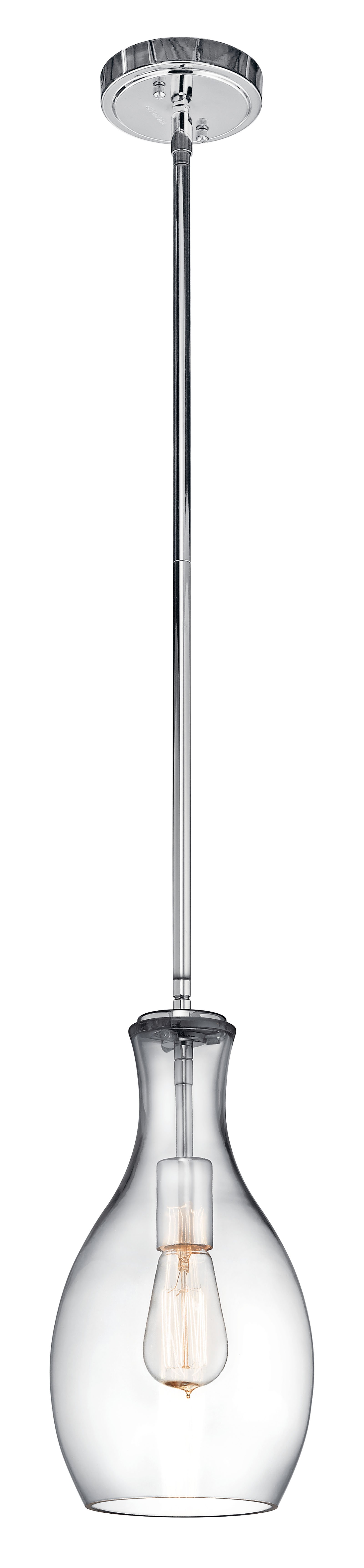 The design of this 1 light pendant from Everly collection is based on decorative blown glass containers. It features clear glass and is made memorable with the use of vintage squirrel cage filament lamps. Contemporary or traditional, this pendant can be used singularly or in multiples to elevate every room.