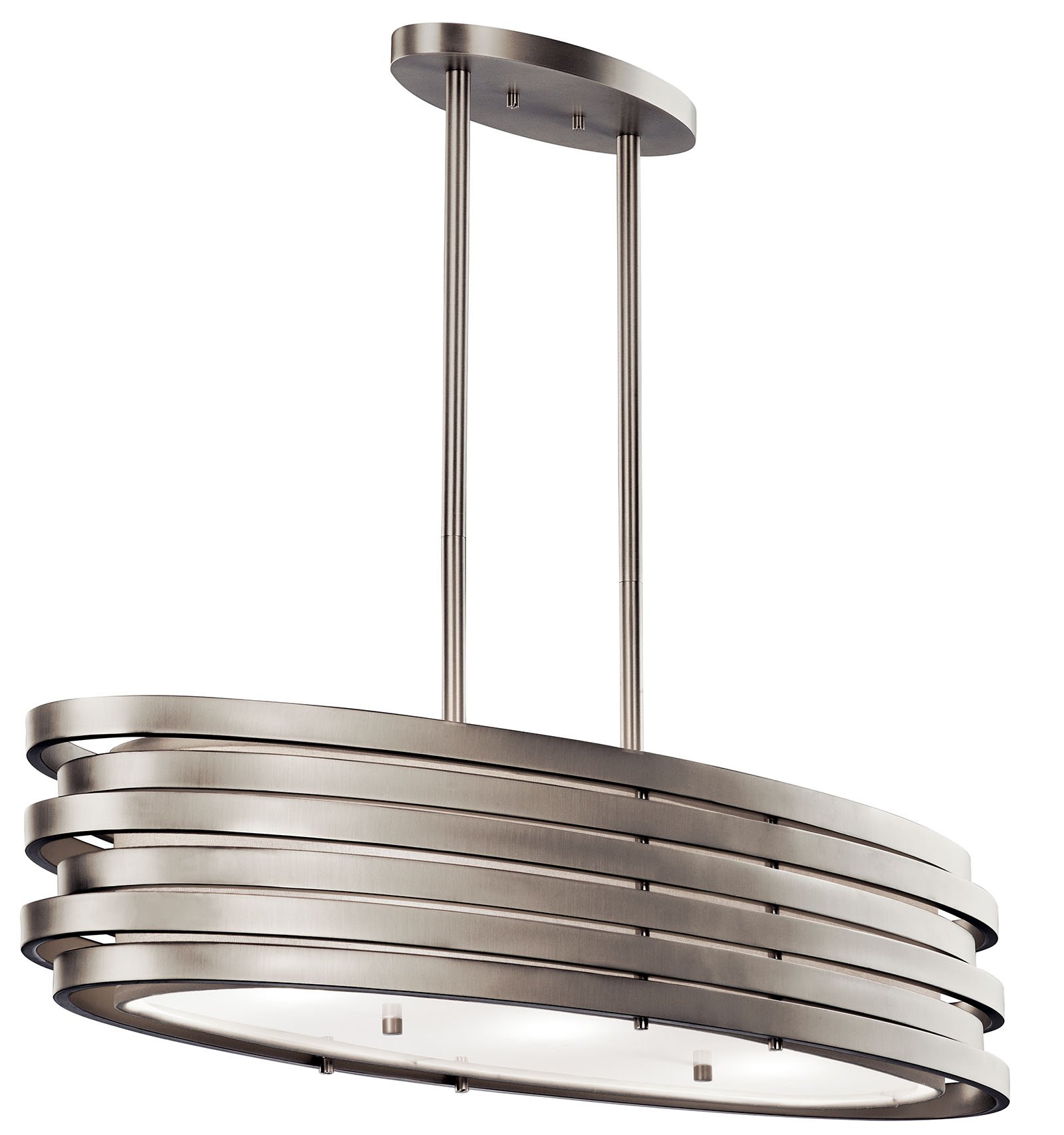 This 3 light oval chandelier from the Roswell(TM) collection will create a unique impression in your home. The Brushed Nickel outer finish and beautiful Satin Etched Glass form a distinctive, linear design.