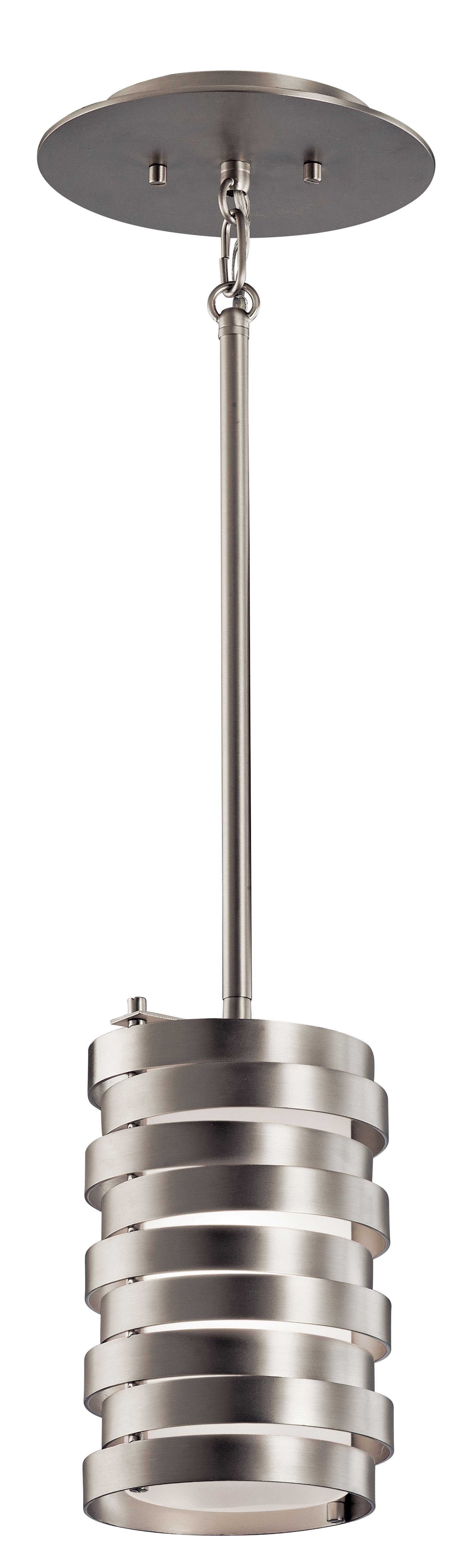 This 1 light mini pendant from the Roswell(TM) collection will create a unique impression in your home. The Brushed Nickel outer finish and beautiful Satin Etched Glass form a distinctive, linear design.