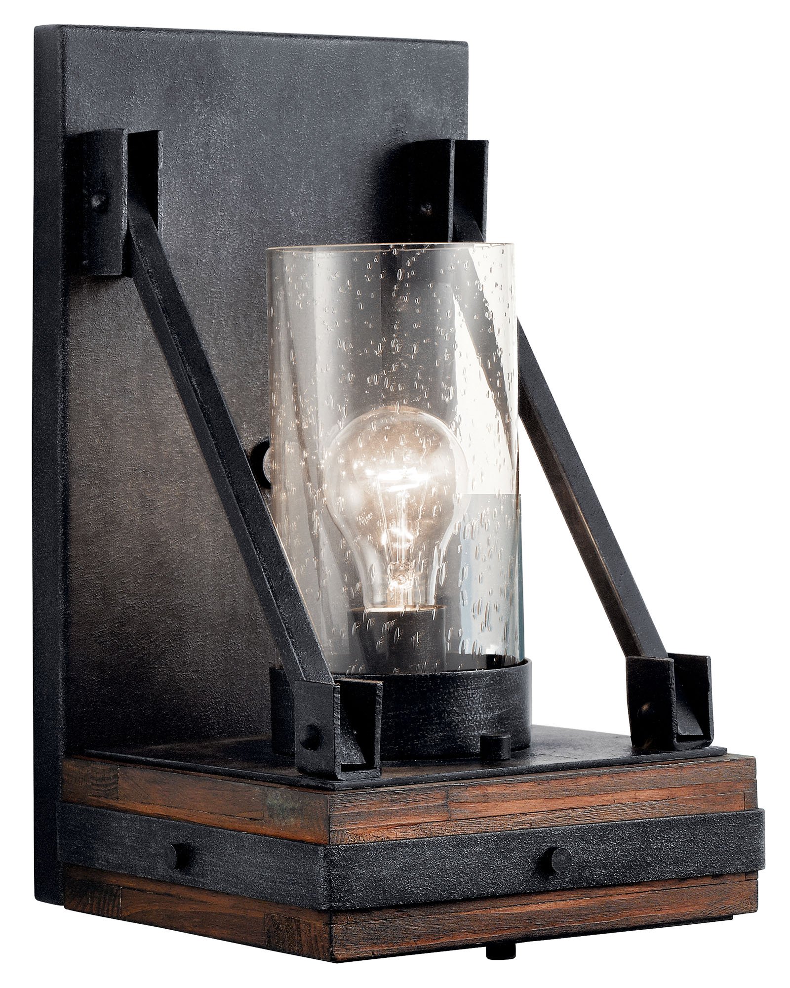The Colerne(TM) 14.75in. 1 light wall sconce features rustic style with its Distressed Antique Gray wood and Classic Pewter metal finish and clear seeded glass. It features a downlight and 3 way switch. The Colerne(TM) wall sconce works in several aesthetic environments, including transitional, lodge and country.