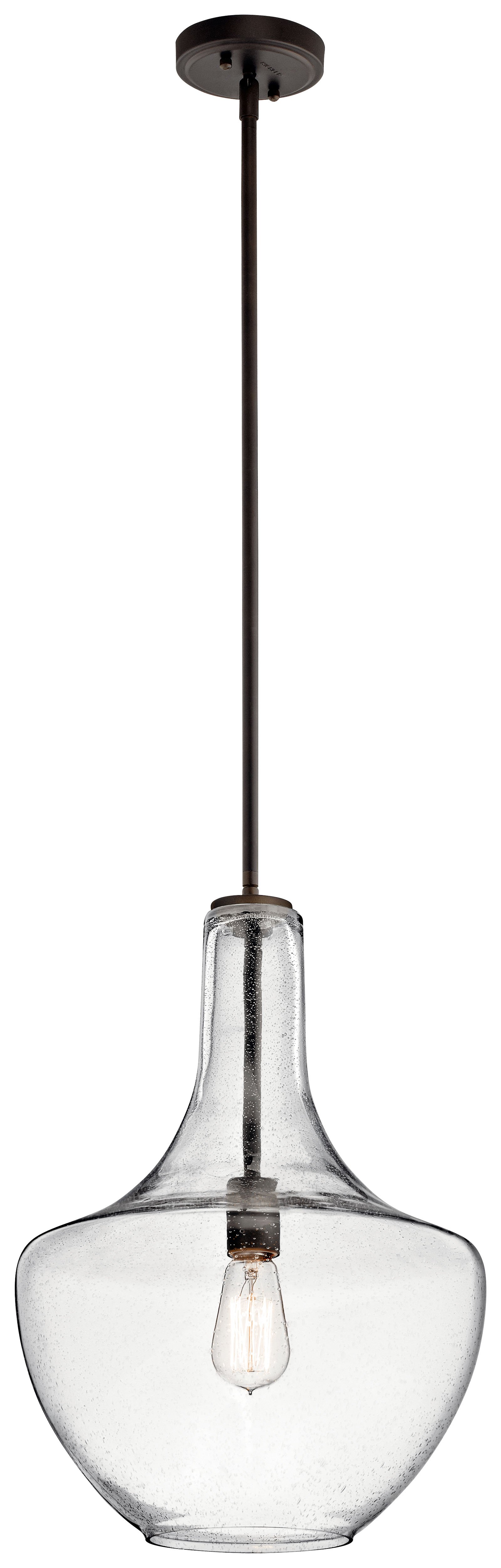 The design of this 1 light pendant from Everly collection is based on decorative blown glass containers. It features clear seedy glass and is made memorable with the use of vintage squirrel cage filament lamps. Contemporary or traditional, this pendant can be used singularly or in multiples to elevate every room.