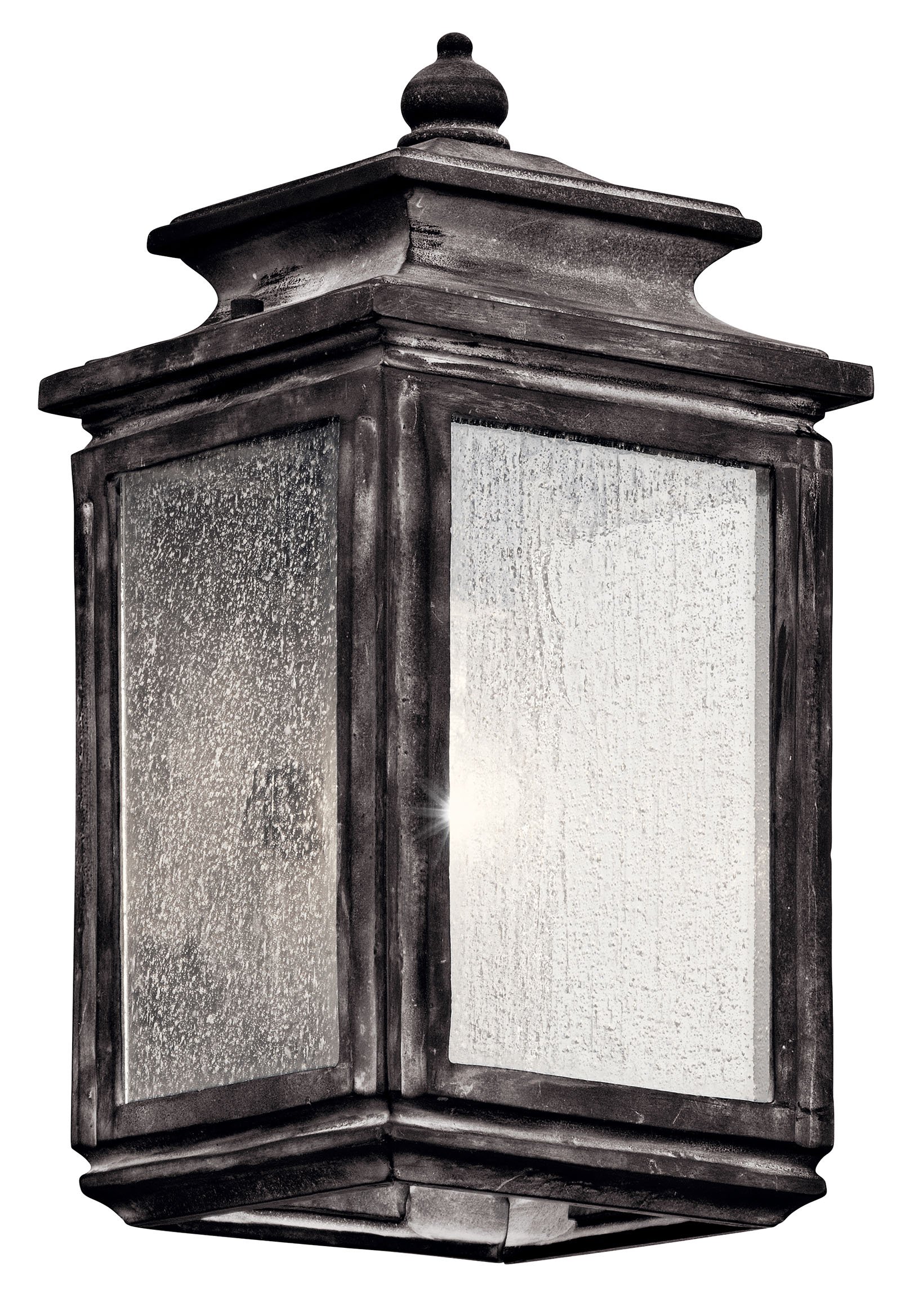There is a taste of industrial flair in this traditional 1 light outdoor wall fixture from the Wiscombe Park(TM) collection. With details reminiscent of old world lanterns the Weathered Zinc finish is perfectly complimented by the clear seedy glass.