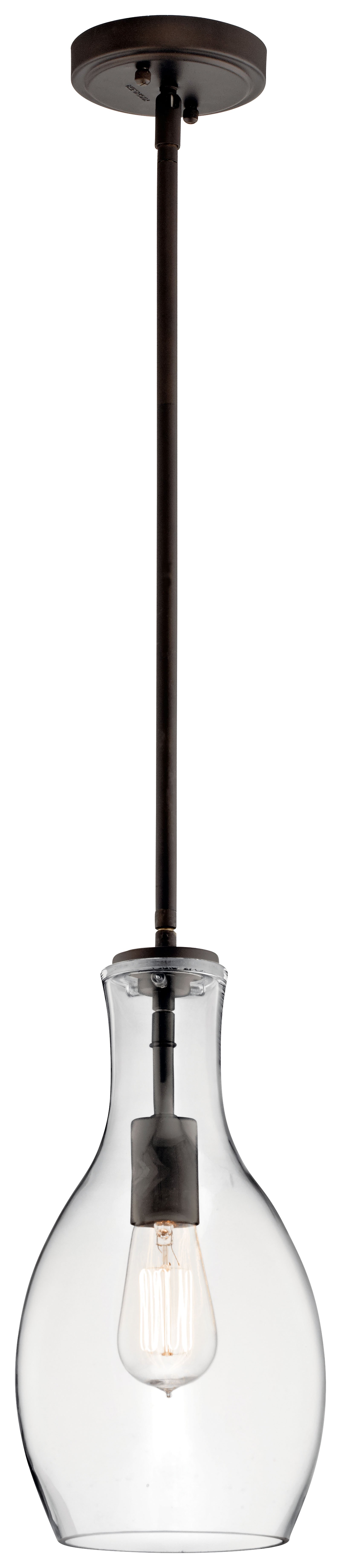 The design of this 1 light pendant from Everly collection is based on decorative blown glass containers. It features clear glass and is made memorable with the use of vintage squirrel cage filament lamps. Contemporary or traditional, this pendant can be used singularly or in multiples to elevate every room.