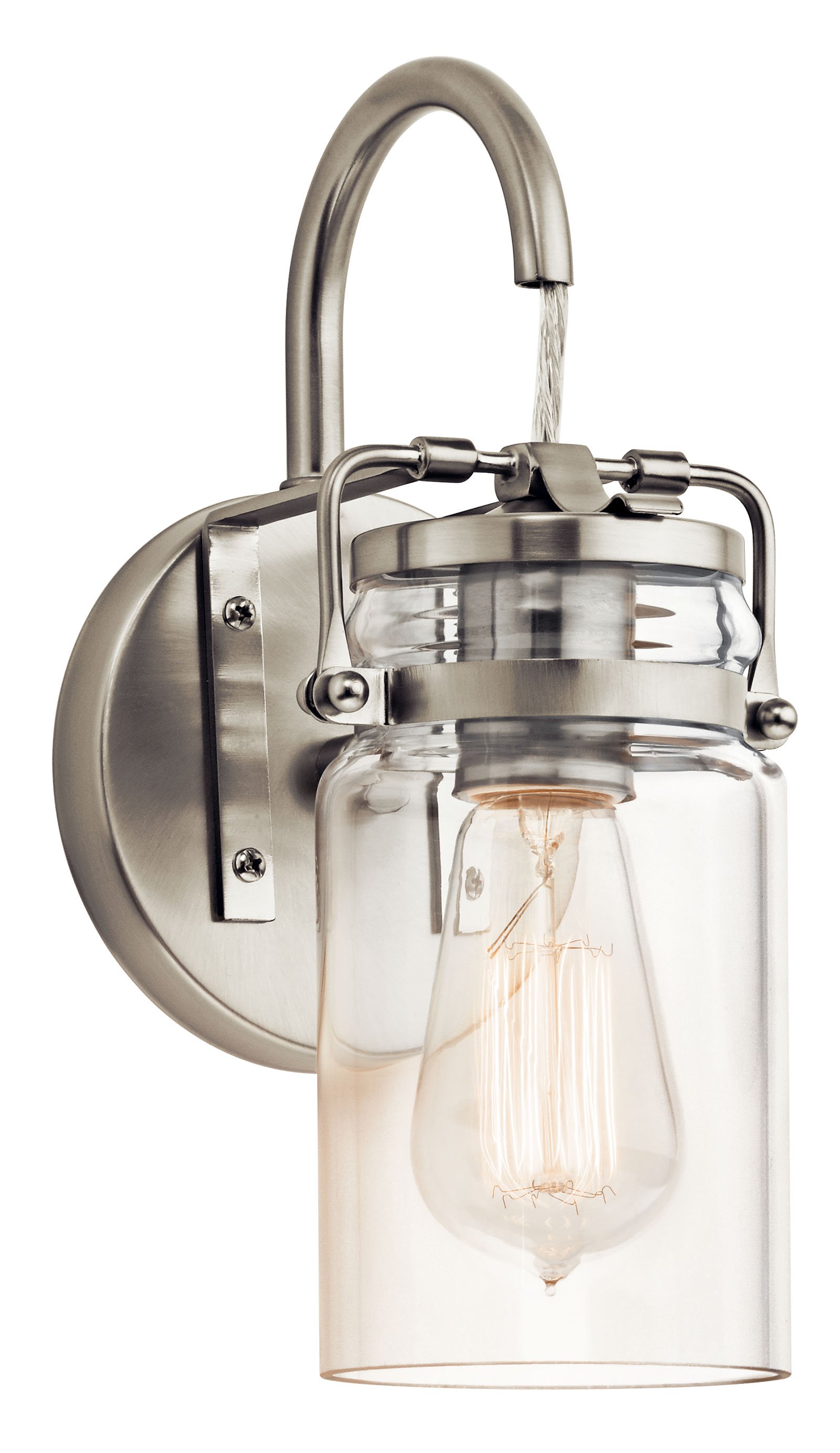 Brinley(TM) 11.5in. 1 light wall sconce features a modern vintage look with its Brushed Nickel finish and clear glass. Inspired by mason jars, the Brinley(TM) Wall Sconce works in several aesthetic environments, including modern vintage and transitional.