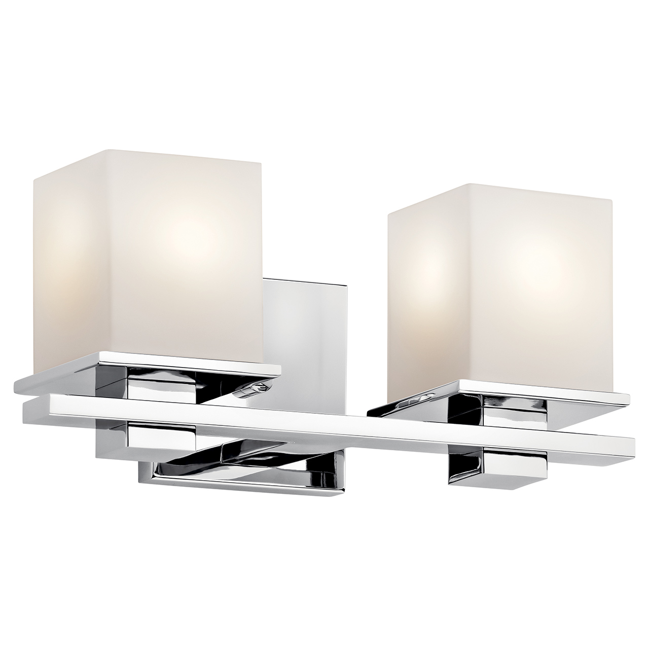 The Tully(TM) 15in. 2 light vanity light features a contemporary look that showcases an angular geometric design, Chrome finish and satin etched cased opal glass. The Tully(TM) vanity light works in several aesthetic environments, including traditional, soft contemporary and modern.