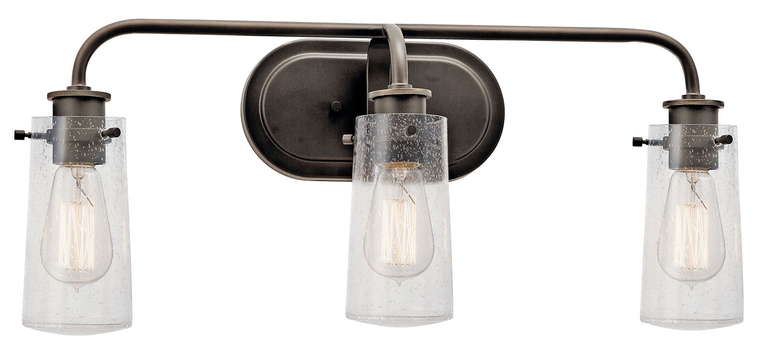 The Braelyn(TM) 24in. 3 light vanity light features an Olde Bronze(R) finish and clear seeded glass shades. The Braelyn(TM) offers a vintage industrial design that works well with rustic, country and lodge décor.
