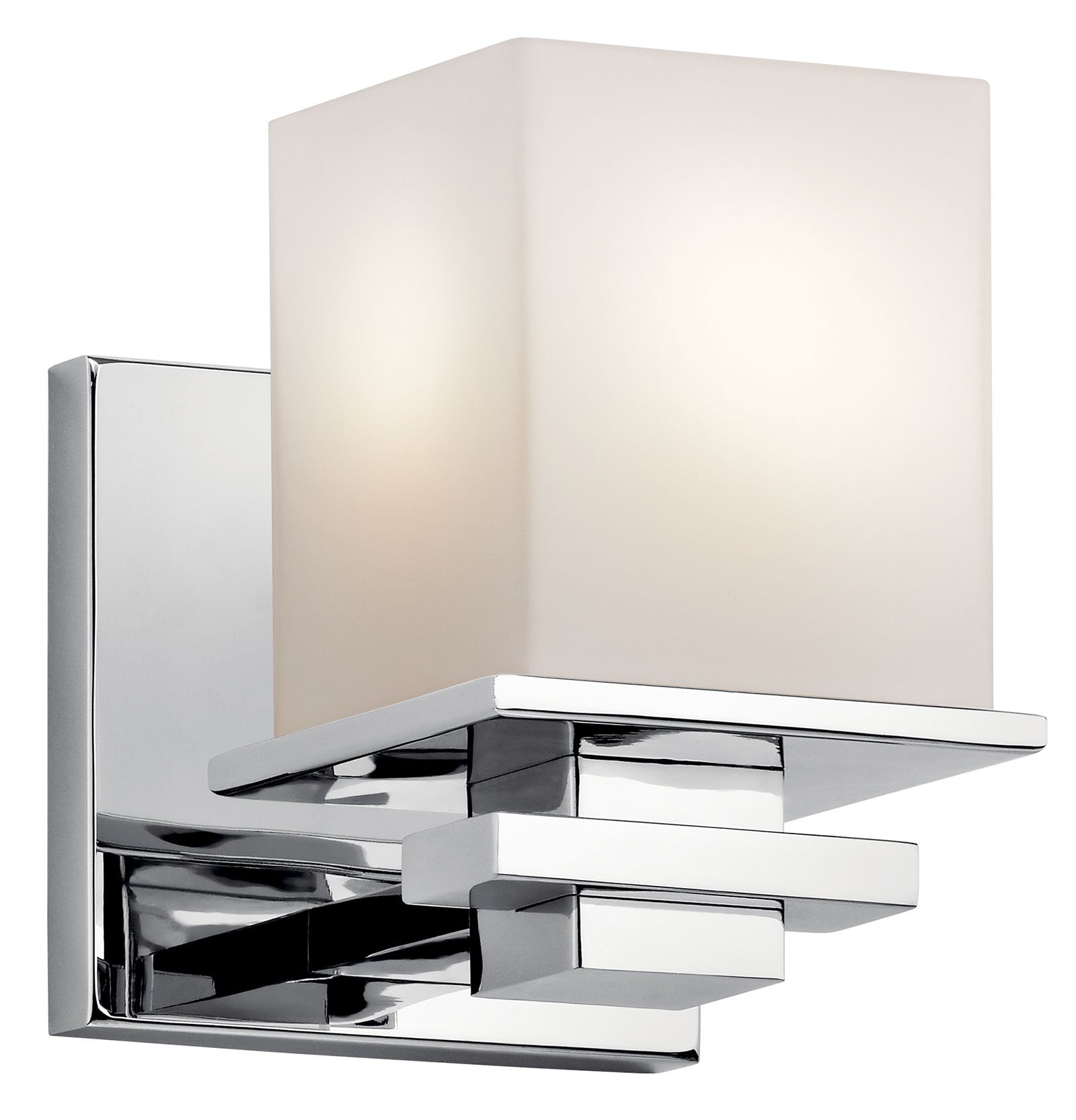 The Tully(TM) 6.5in. 1 light wall sconce light features a contemporary look that showcases an angular geometric design, Chrome finish and satin etched cased opal glass. The Tully(TM) wall sconce light works in several aesthetic environments, including traditional, soft contemporary and modern.