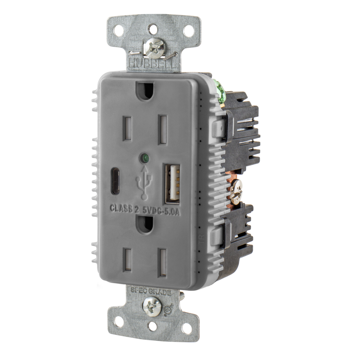 USB Charger Duplex Receptacle, 15A 125V,2-Pole 3-Wire Grounding, 5-15R, 1) 5A 