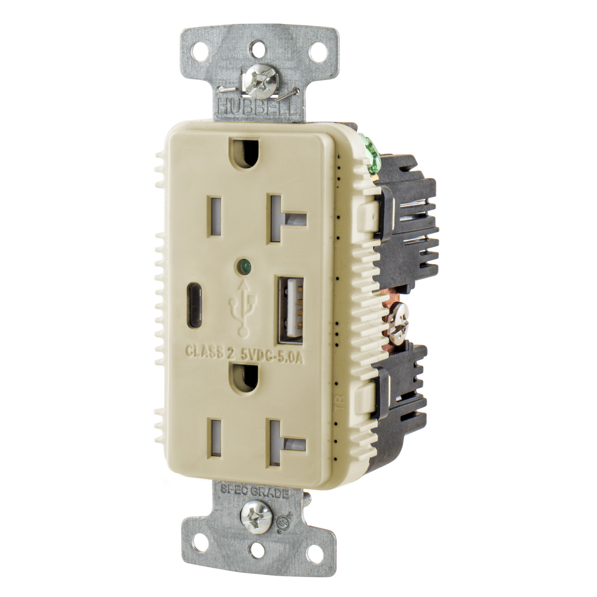 USB Charger Duplex Receptacle, 20A 125V,2-Pole 3-Wire Grounding, 5-20R, 1) 5A 