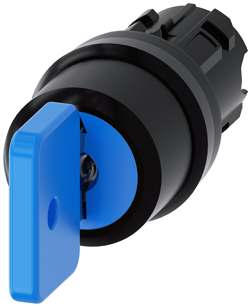 O.M.R. KEY-OPERATED SWITCH, 22MM, ROUND, PLASTIC, LOCK NO. 73038, BLUE, WITH 2 KEYS, 3 SWITCH POSITIONS I-O-II, LATCHING TO THE LEFT, MOM. CONTACT TYPE TO THE RIGHT, ACTUATING ANGLE 2X50 DEG., KEY REMOVAL POS. O