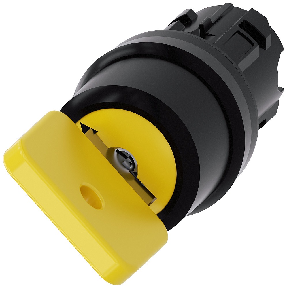 O.m.r. key-operated switch, 22mm, round, plastic, lock no. 73033, yellow, with 2 keys, 2 switch positions o-i, momentary contact type, ACt. an. 50 deg., 12/2 oclock, key removal pos. o