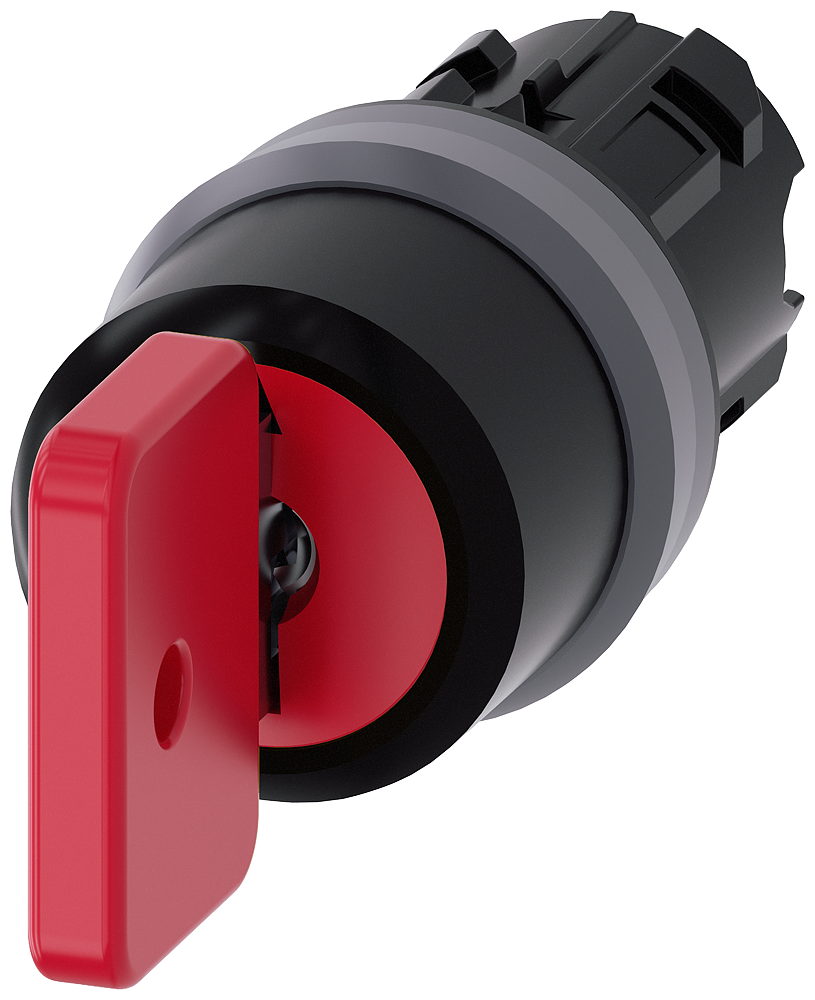 O.M.R. KEY-OPERATED SWITCH, 22MM, ROUND, PLASTIC WITH METAL FRONT RING, LOCK NO. 73037, RED, WITH 2 KEYS, 3 SWITCH POSITIONS I-O-II, LATCHING, ACTUATING ANGLE 2X45 DEG., 10 30H/12H/13 30H, KEY REMOVAL POS. O