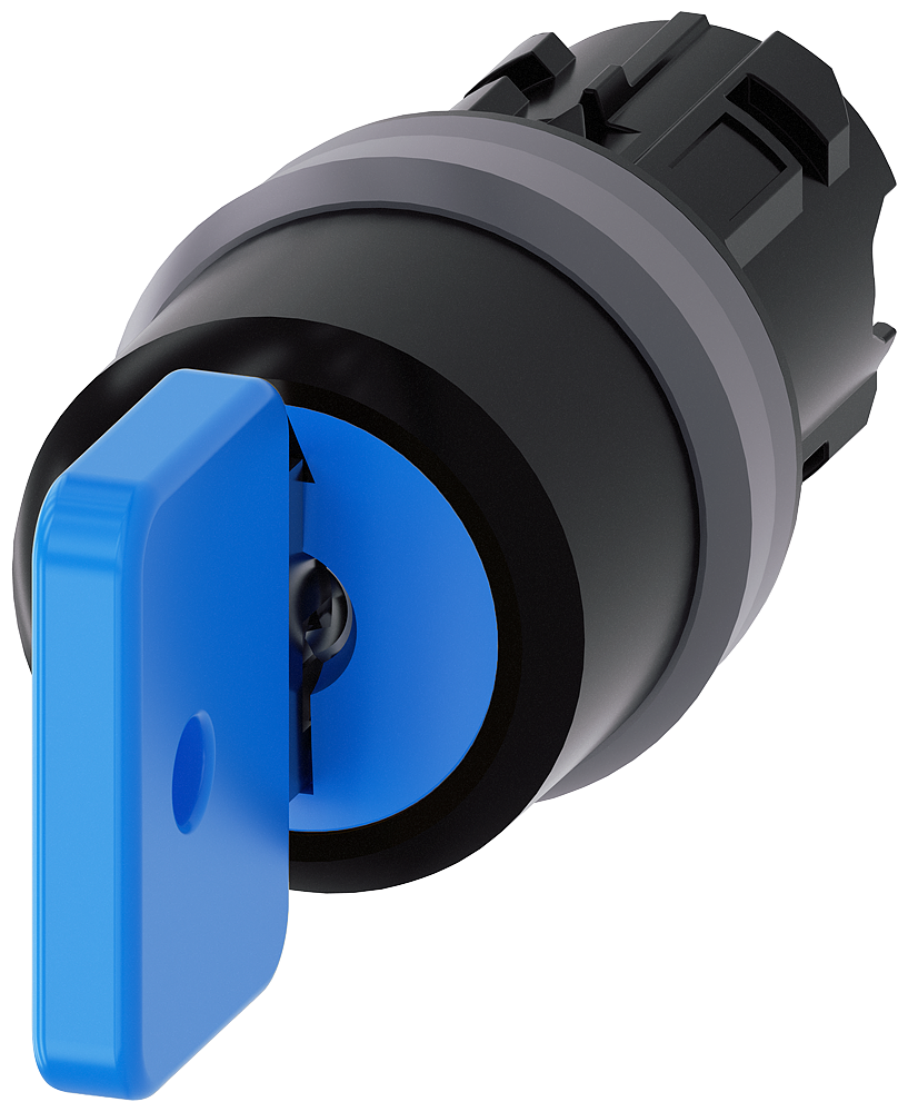 O.M.R. KEY-OPERATED SWITCH, 22MM, ROUND, PLASTIC WITH METAL FRONT RING, LOCK NO. 73038, BLUE, WITH 2 KEYS, 3 SWITCH POSITIONS I-O-II, LATCHING, ACTUATING ANGLE2X45 DEG., 10 30H/12H/13 30H, KEY REMOVAL POS. I+O+II