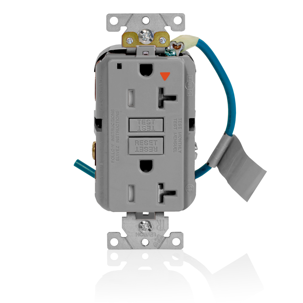 Self-Test, Isolated Ground, Tamper Resistant, Fed-Spec Slim GFCI Receptacle. NEMA 5-20R 20A-125V @ Receptacle, 20A-125V Feed-through, Lighted, Gray, W/Gray Test And Reset Button, With Mounting Screws, Washers, Instruction Sheets,