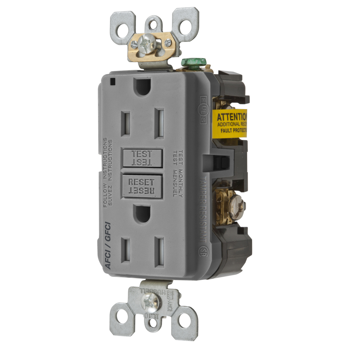 Hubbell Wiring Device Kellems, Receptacle, Duplex, Arcfault/GFCI, 15A125V, 2-Pole 3-Wire Grounding, 5-15R, Gray