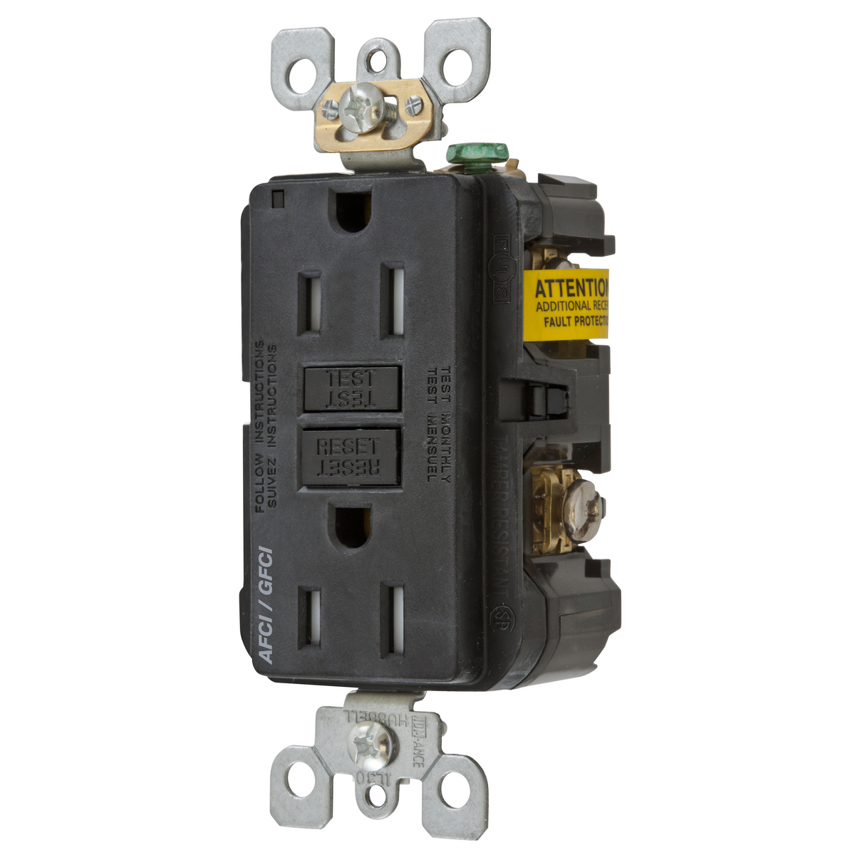 Hubbell Wiring Device Kellems, Receptacle, Duplex, Arcfault/GFCI, 15A125V, 2-Pole 3-Wire Grounding, 5-15R, Black