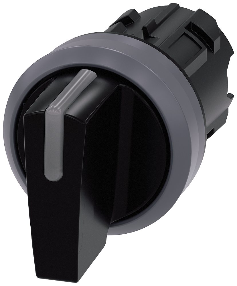 Selector switch. can be illum.. 22mm. round. plastic with metal front ring. black. short selector switch. 3 switch positions i-o-ii. latching. actuating angle 2x45 deg.. 10 30h/12h/13 30h