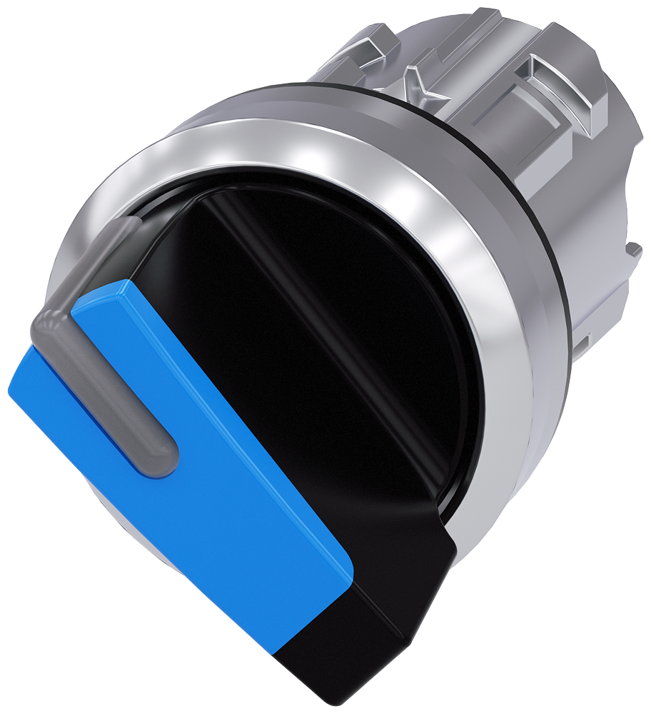 Selector switch. can be illum.. 22mm. round. metal. shiny. blue. short selectorswitch. 2 switch positions o-i. latching. actuating angle 90 deg.. 10 30h/13 30h